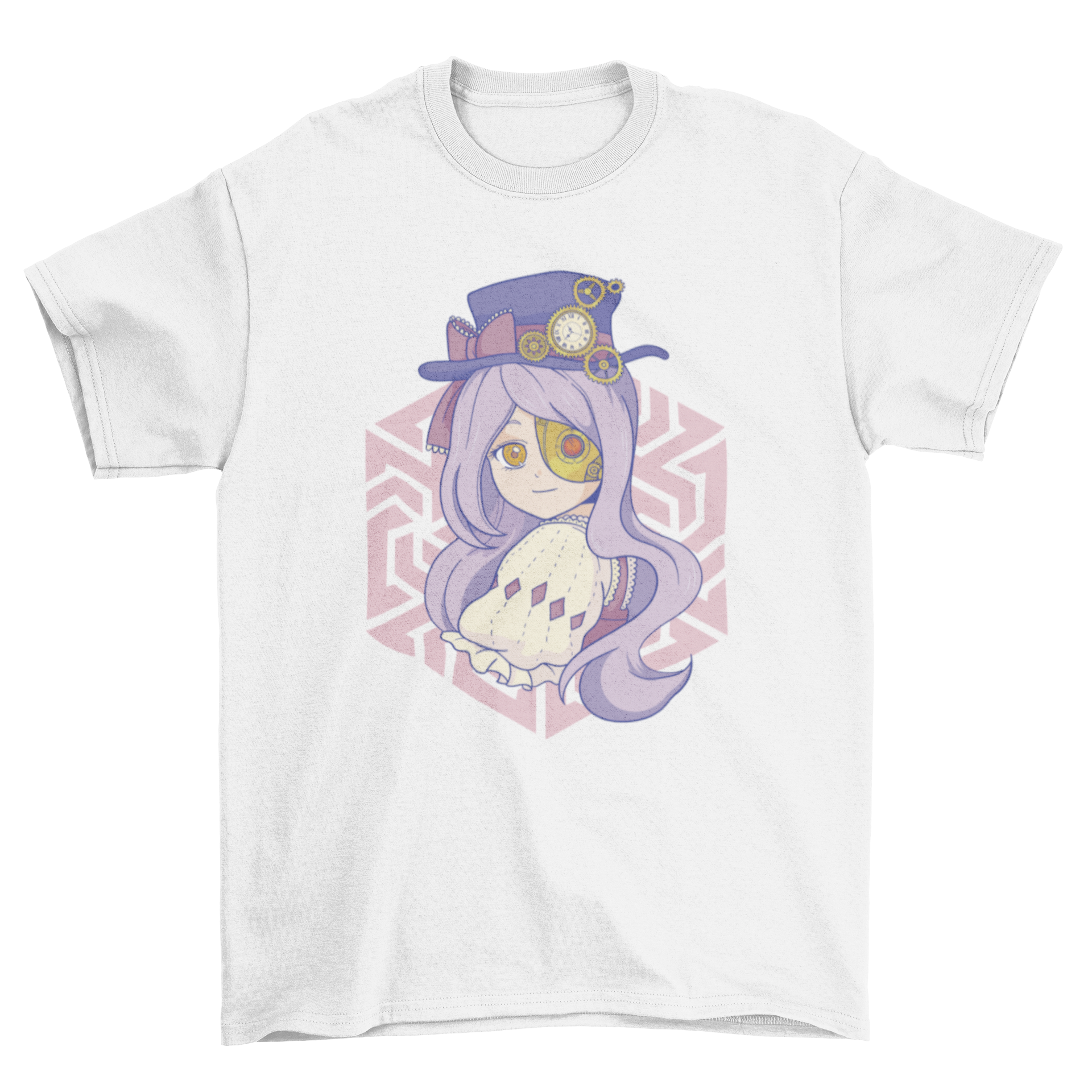 A stylish t-shirt featuring a pastel steampunk anime girl design, showcasing intricate details and vibrant colors.