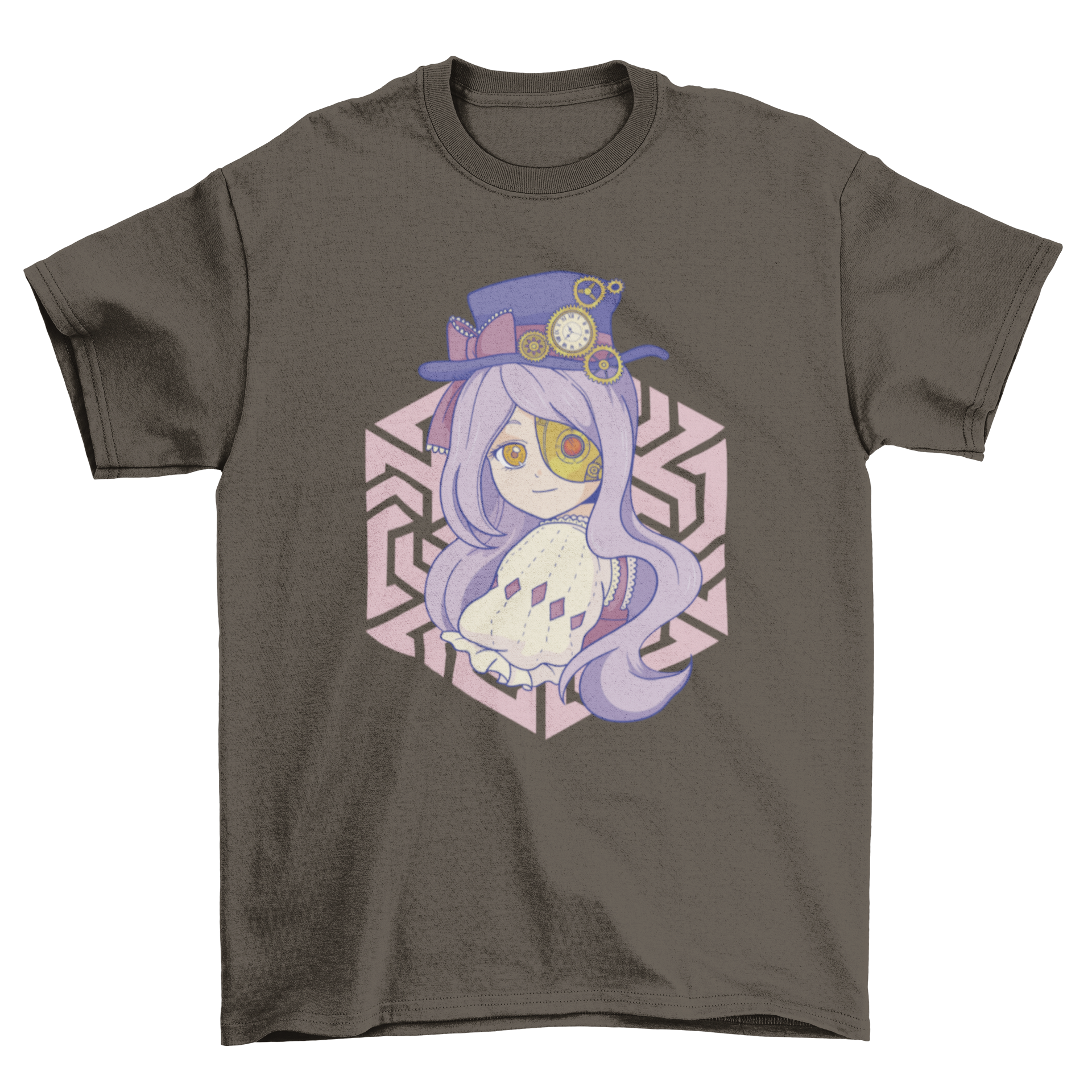 A stylish t-shirt featuring a pastel steampunk anime girl design, showcasing intricate details and vibrant colors.