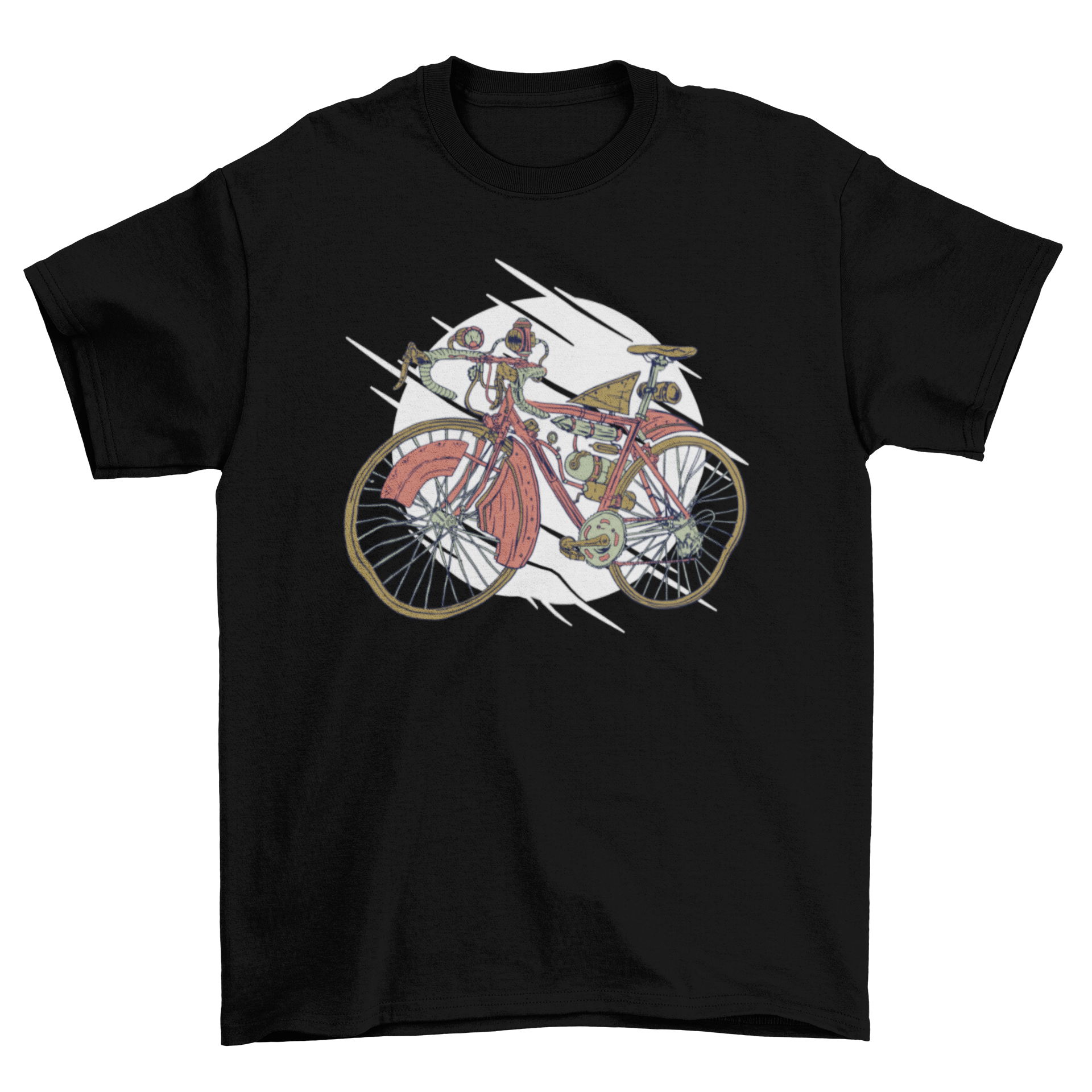 A stylish steampunk bike transport t-shirt featuring intricate design elements inspired by Victorian aesthetics and modern cycling.