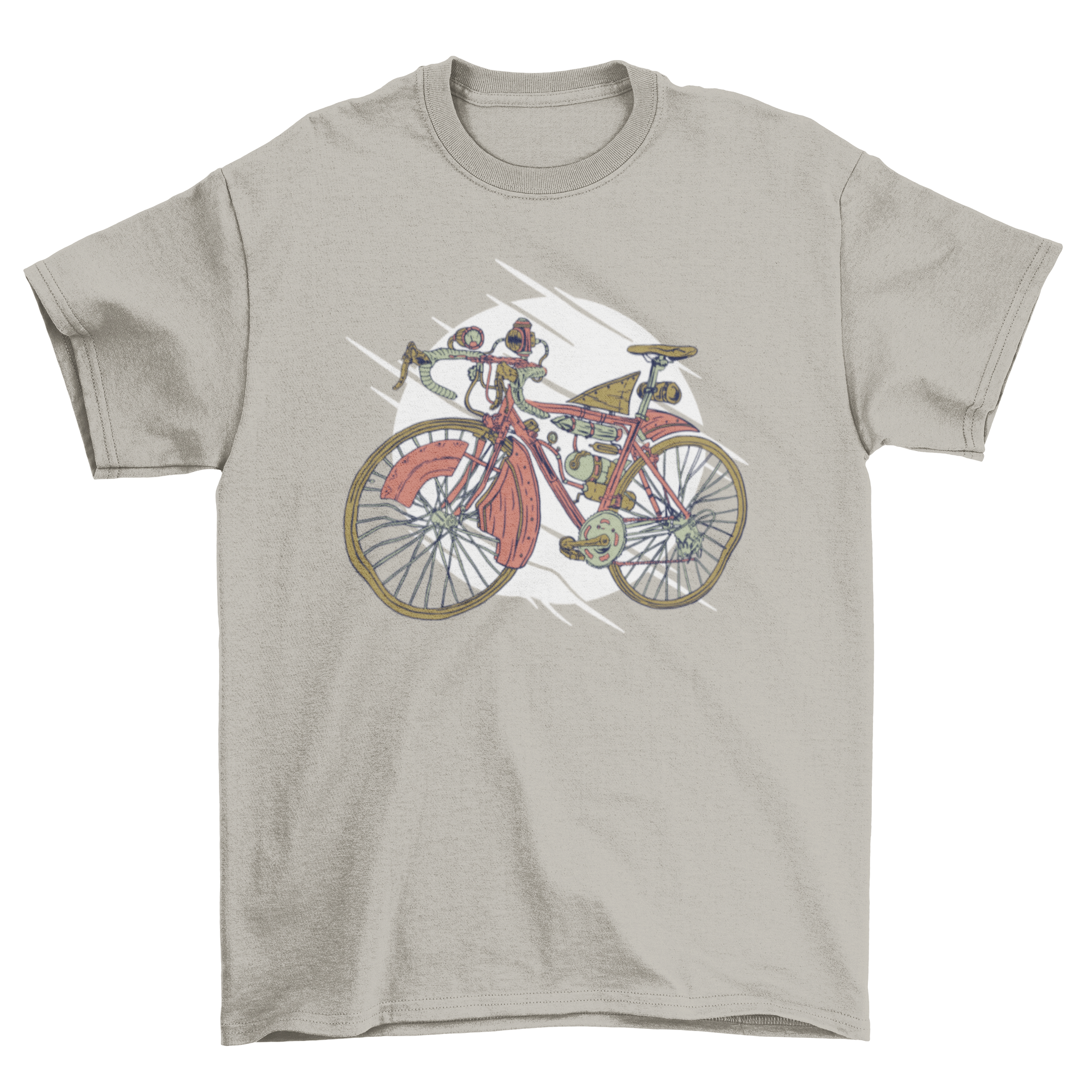 A stylish steampunk bike transport t-shirt featuring intricate design elements inspired by Victorian aesthetics and modern cycling.