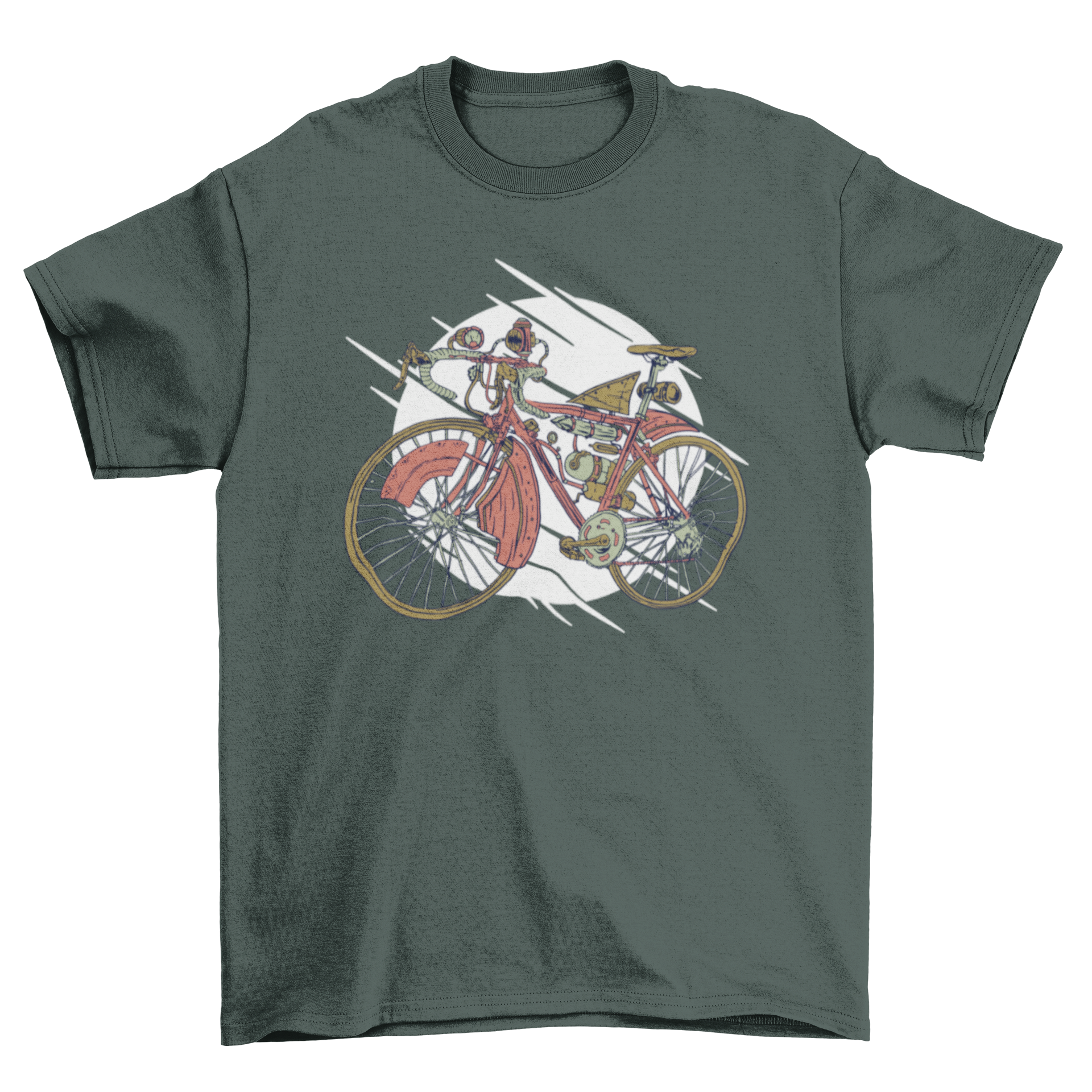 A stylish steampunk bike transport t-shirt featuring intricate design elements inspired by Victorian aesthetics and modern cycling.