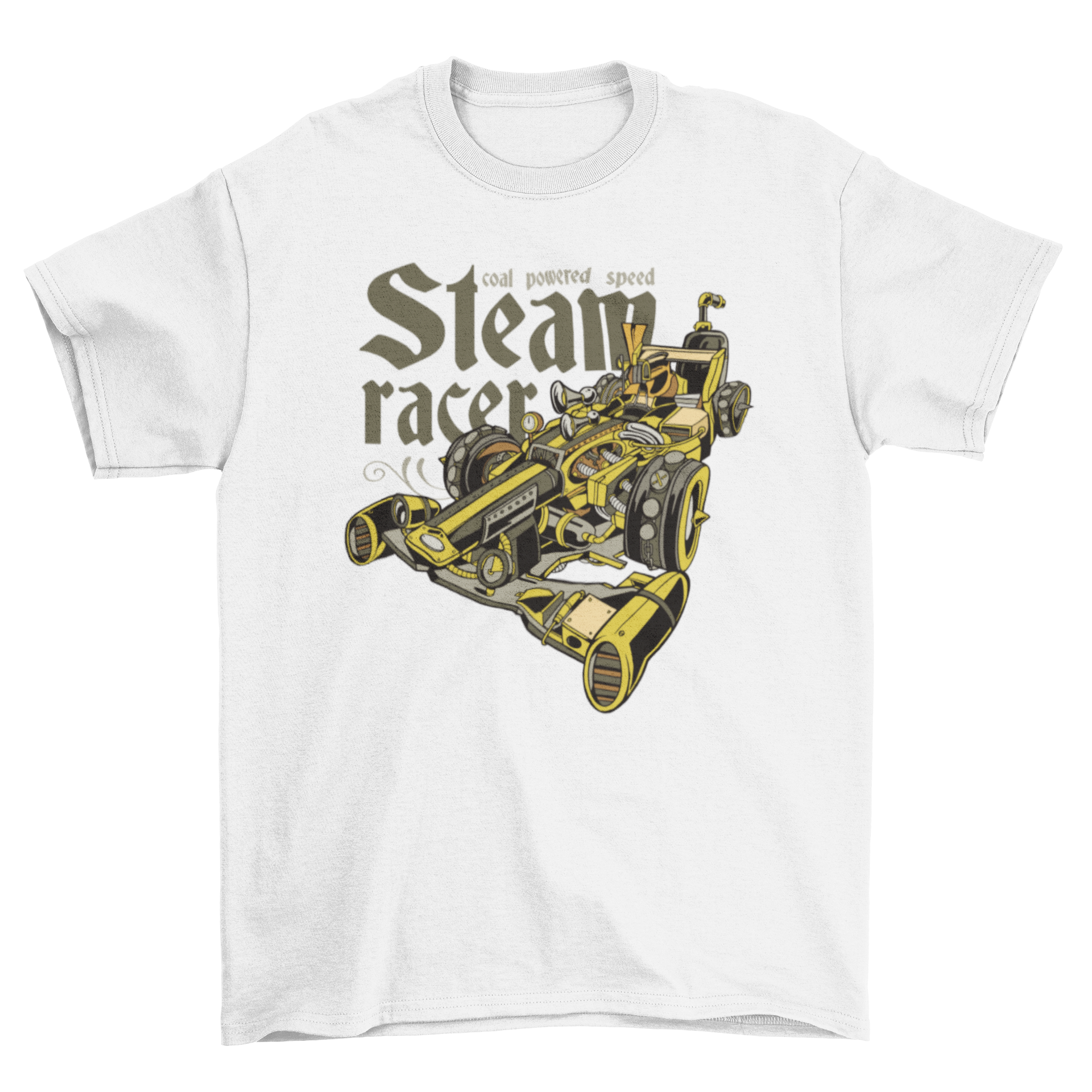 A stylish t-shirt featuring a detailed steampunk car design with the quote 'Cool powered speed steam racer'.