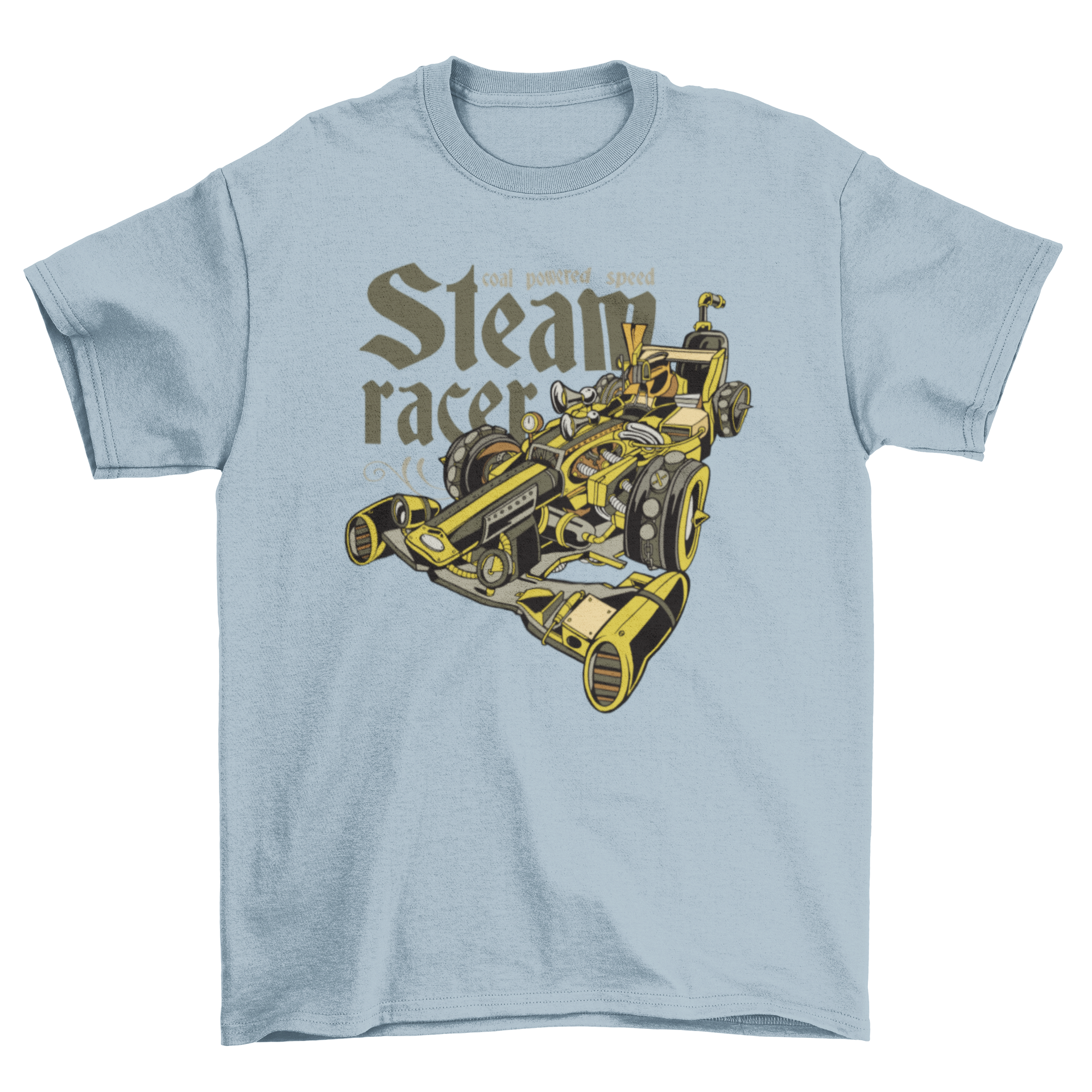 A stylish t-shirt featuring a detailed steampunk car design with the quote 'Cool powered speed steam racer'.