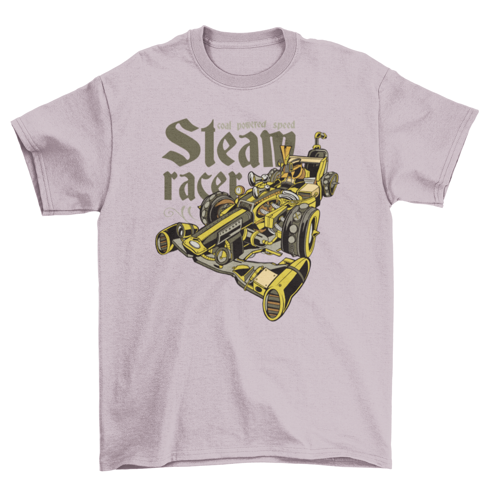 A stylish t-shirt featuring a detailed steampunk car design with the quote 'Cool powered speed steam racer'.