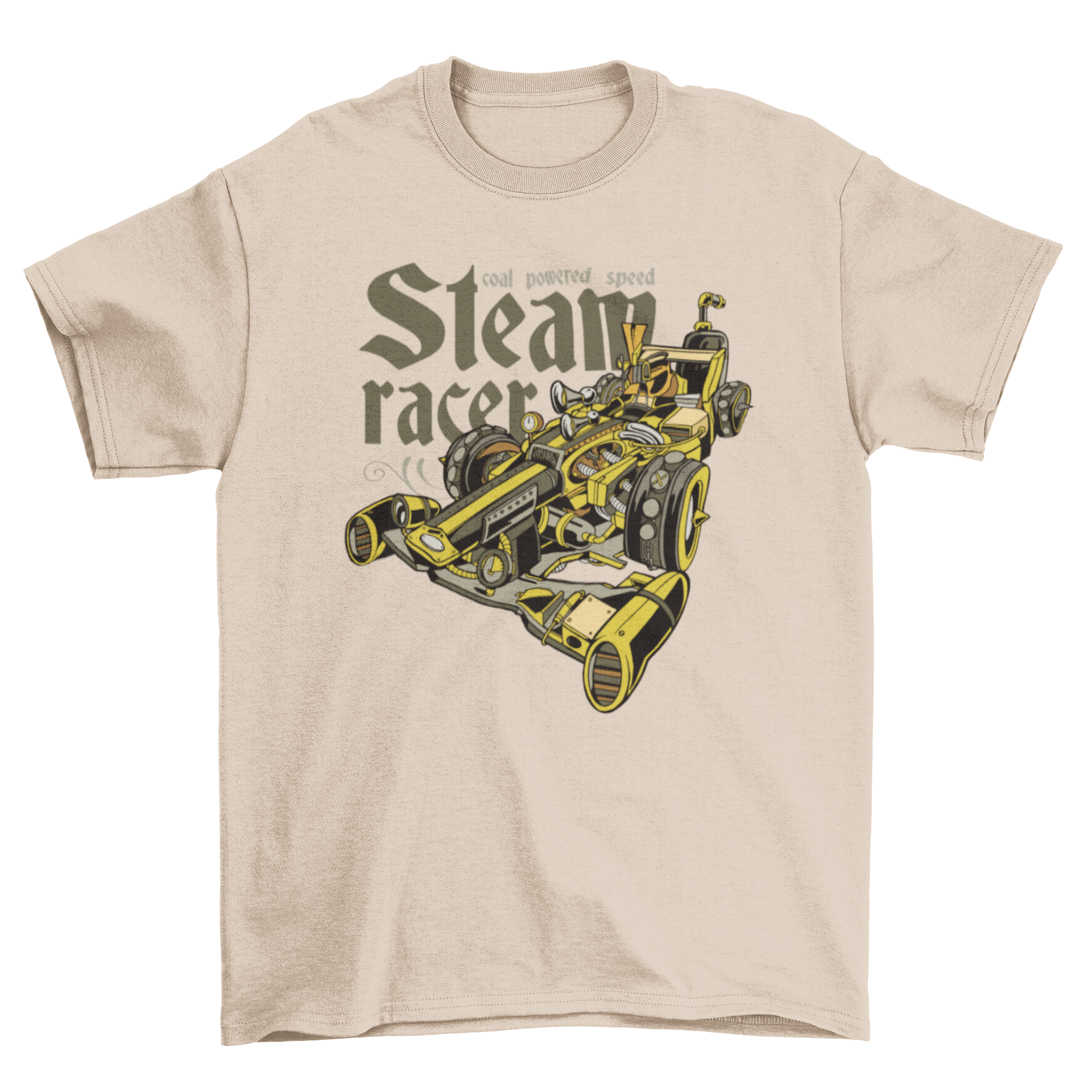 A stylish t-shirt featuring a detailed steampunk car design with the quote 'Cool powered speed steam racer'.