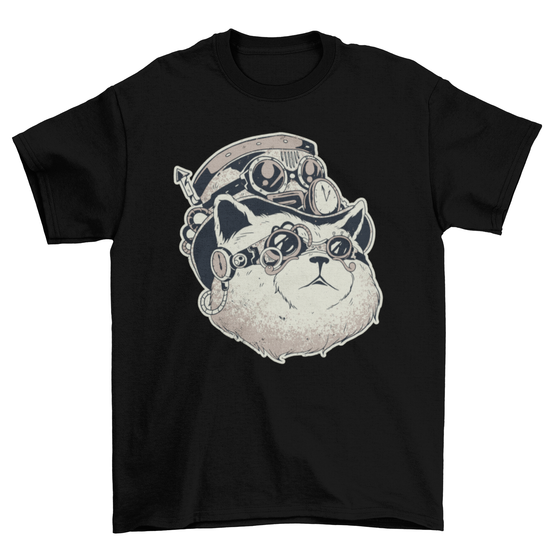 A stylish t-shirt featuring a detailed illustration of a steampunk cat with gears and goggles.