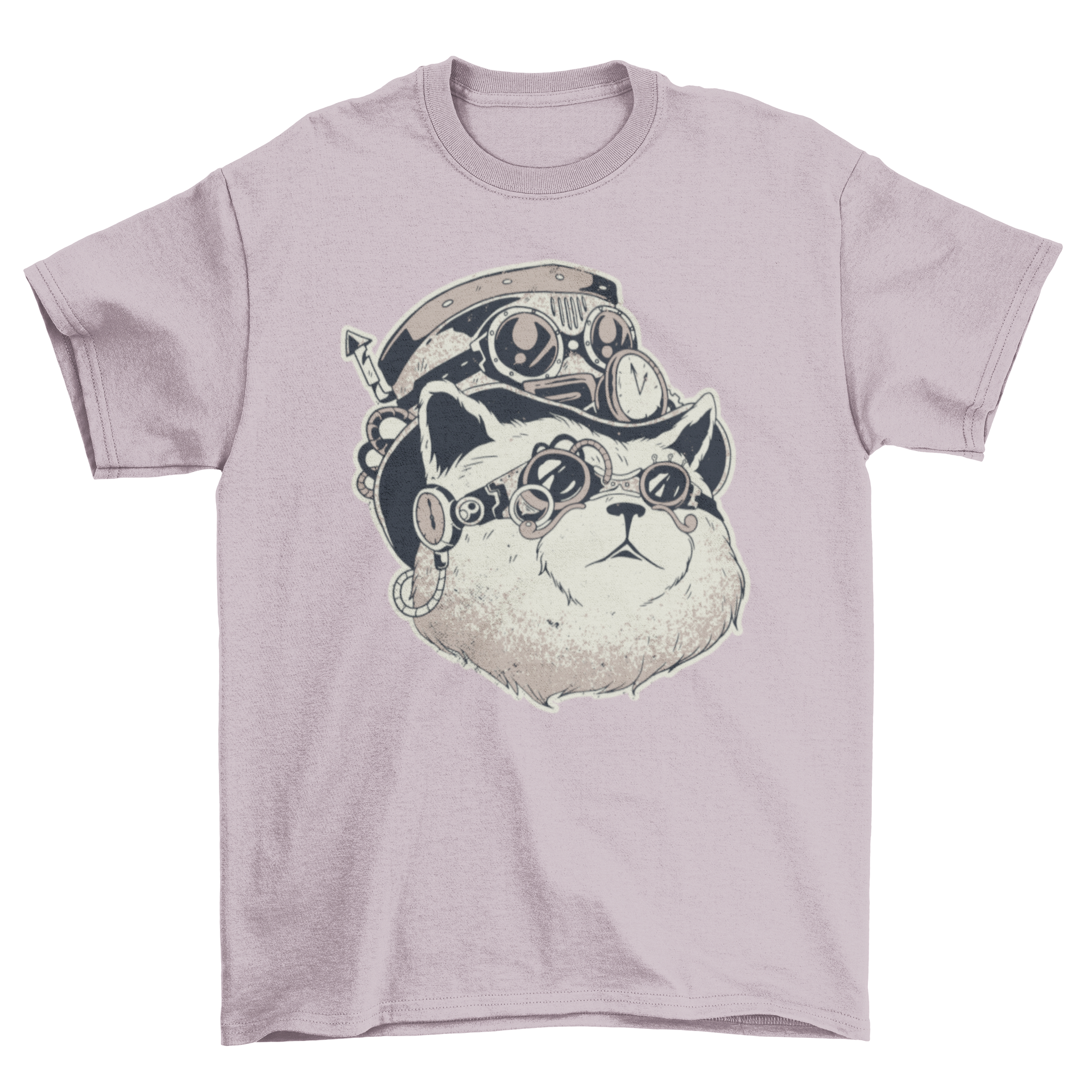 A stylish t-shirt featuring a detailed illustration of a steampunk cat with gears and goggles.