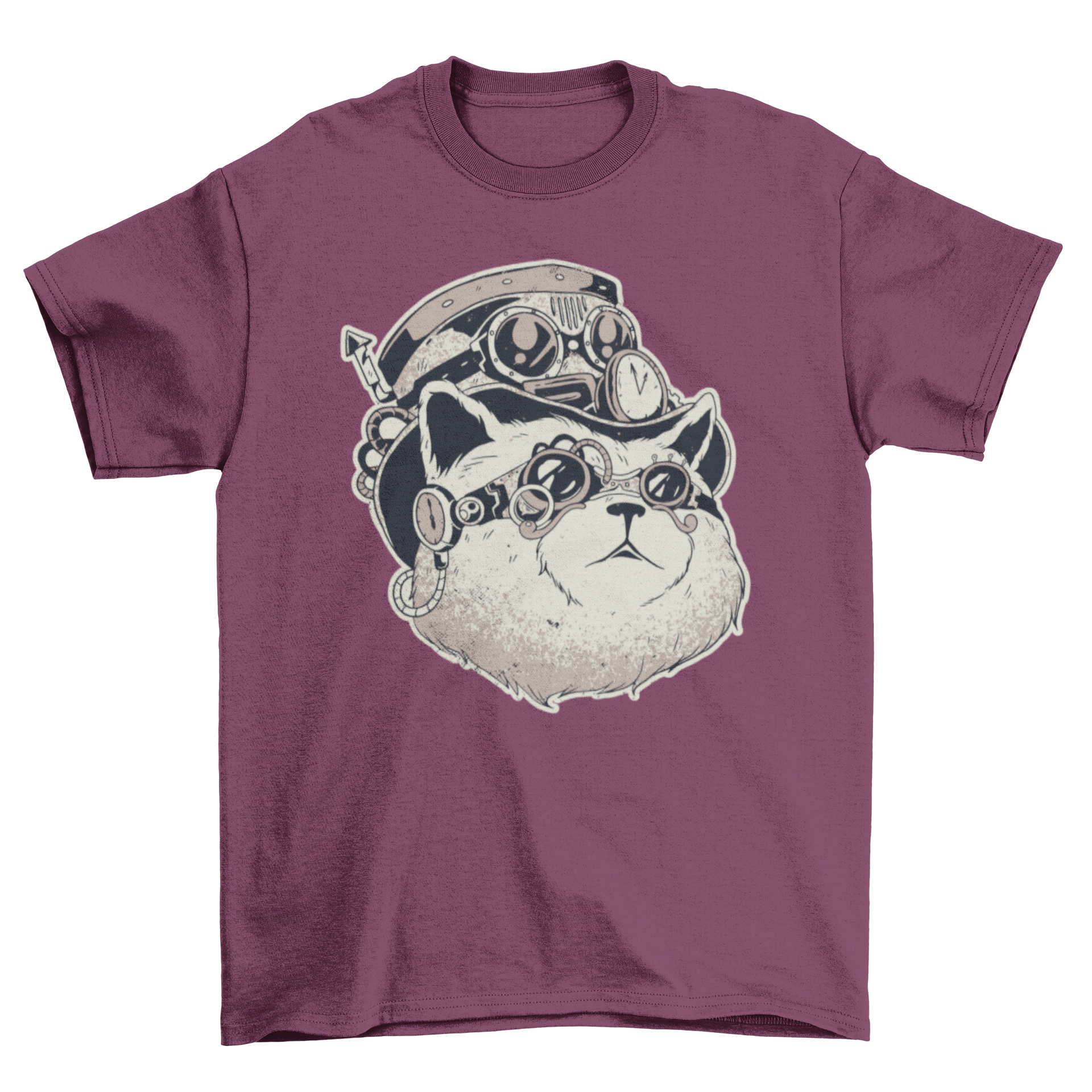 A stylish t-shirt featuring a detailed illustration of a steampunk cat with gears and goggles.