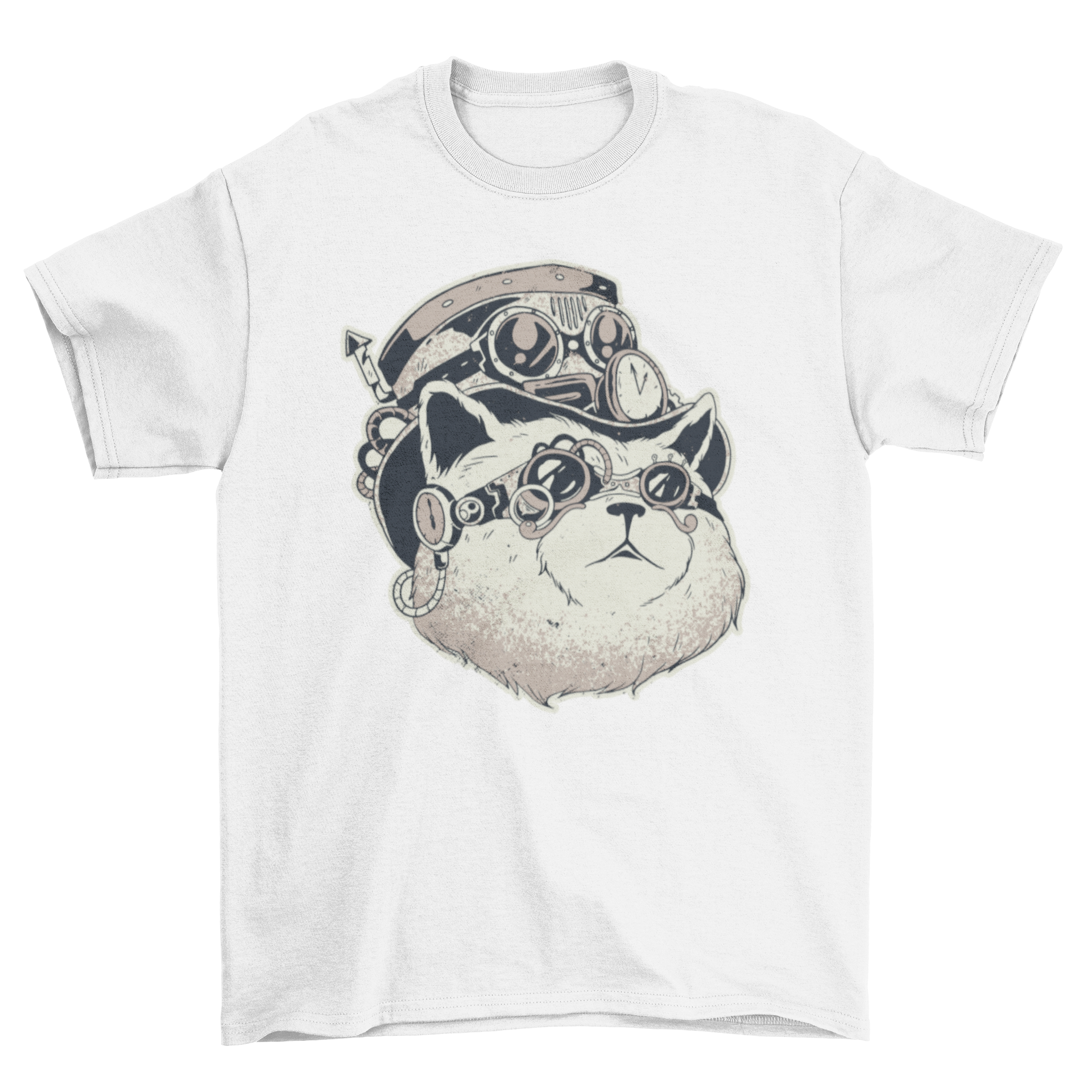 A stylish t-shirt featuring a detailed illustration of a steampunk cat with gears and goggles.