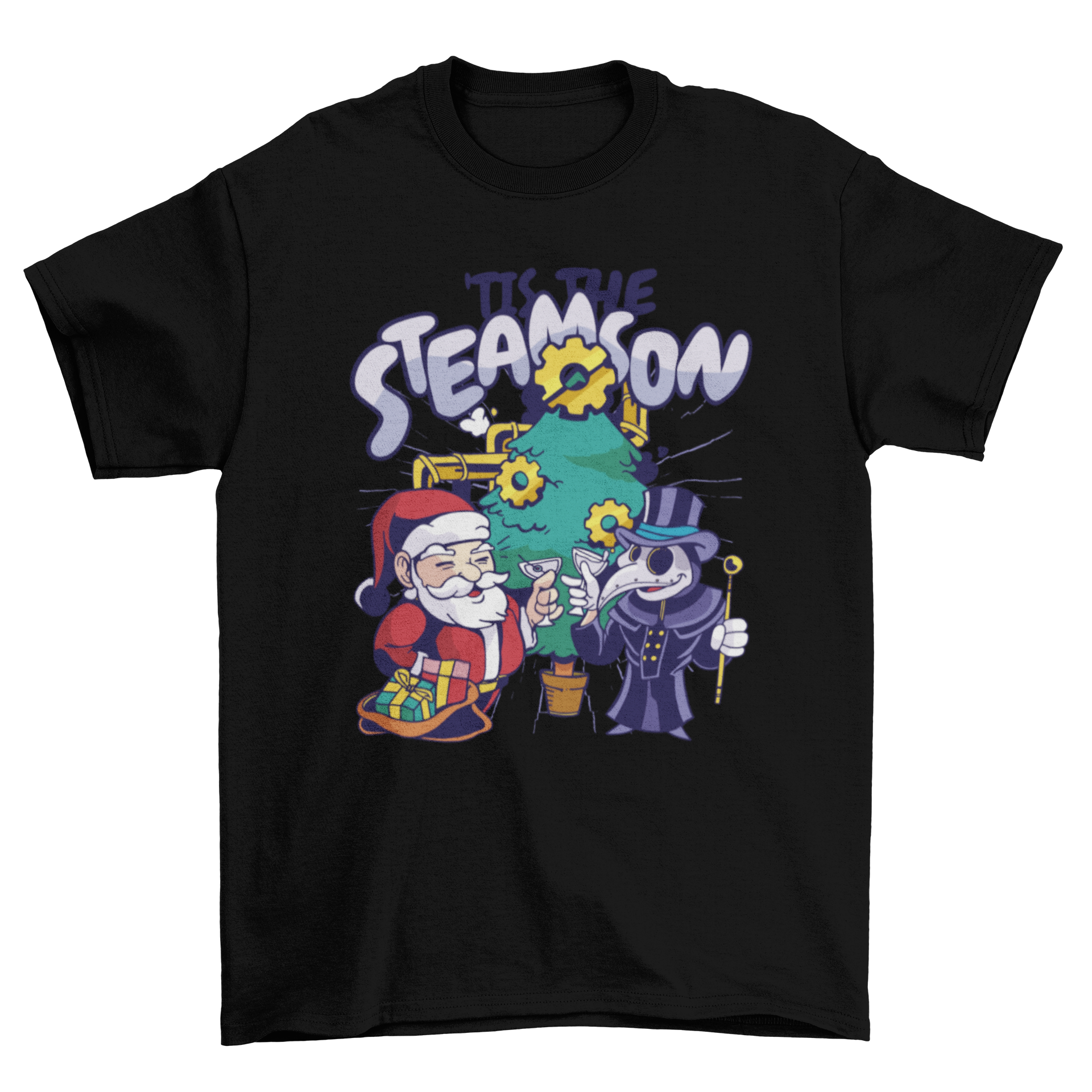 A festive Steampunk Christmas t-shirt featuring Santa and a plague doctor with the quote 'Tis the steamson'.