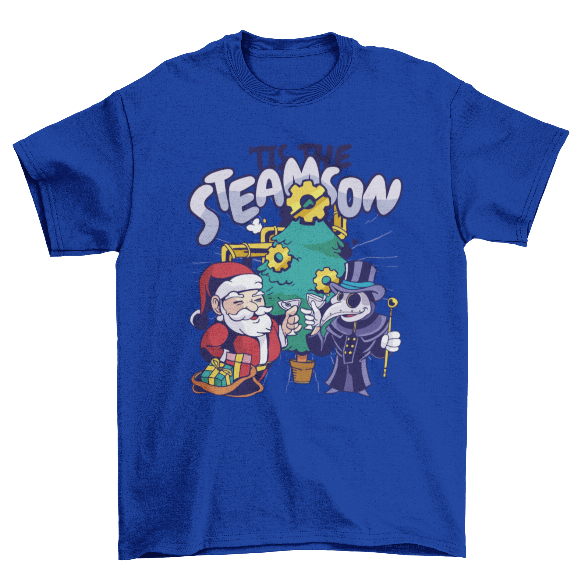 A festive Steampunk Christmas t-shirt featuring Santa and a plague doctor with the quote 'Tis the steamson'.