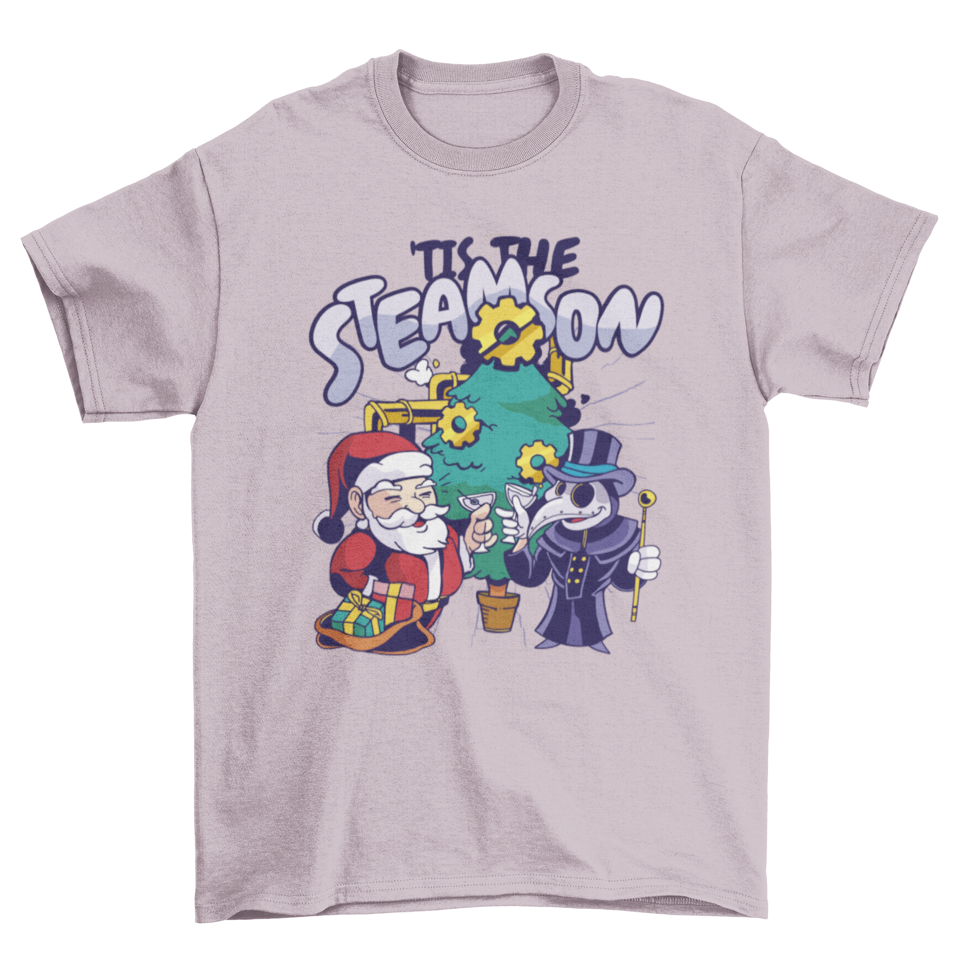 A festive Steampunk Christmas t-shirt featuring Santa and a plague doctor with the quote 'Tis the steamson'.