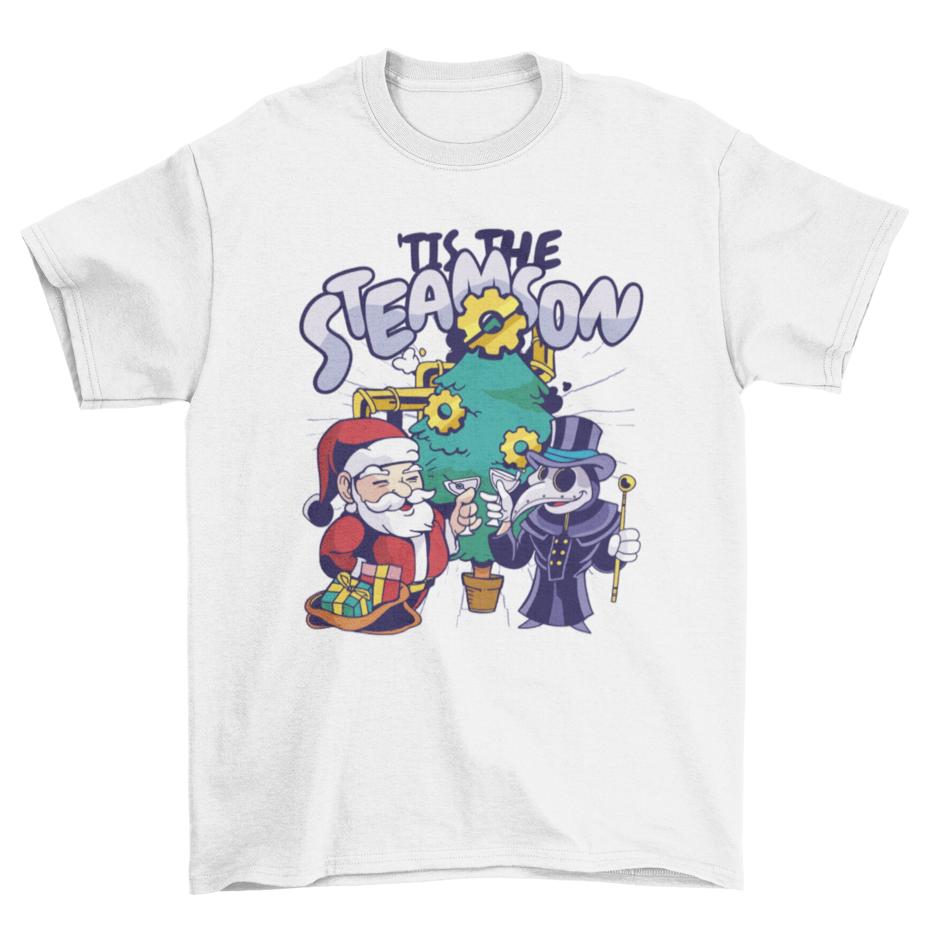 A festive Steampunk Christmas t-shirt featuring Santa and a plague doctor with the quote 'Tis the steamson'.