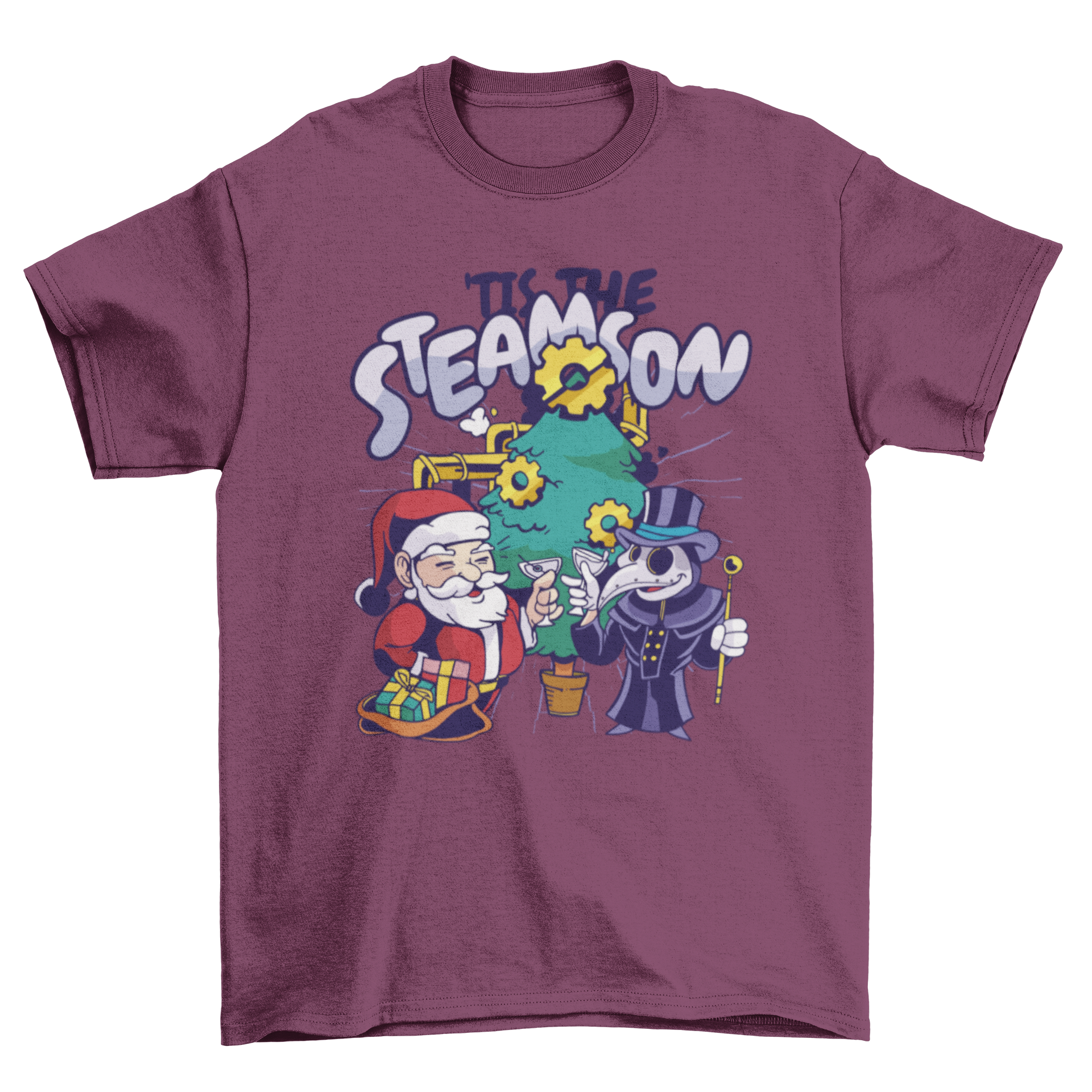 A festive Steampunk Christmas t-shirt featuring Santa and a plague doctor with the quote 'Tis the steamson'.