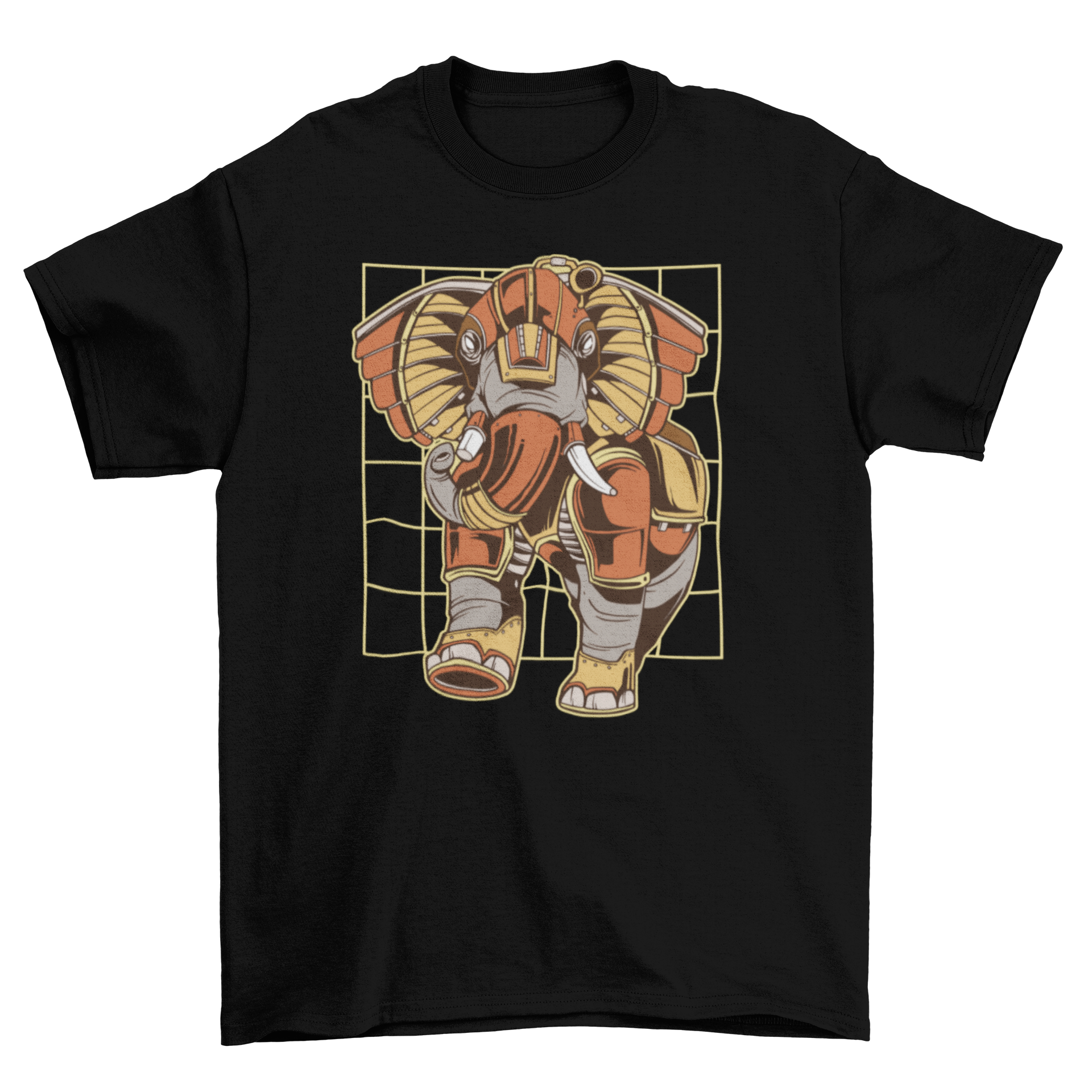 A stylish t-shirt featuring a detailed steampunk mechanical elephant design, perfect for casual wear.