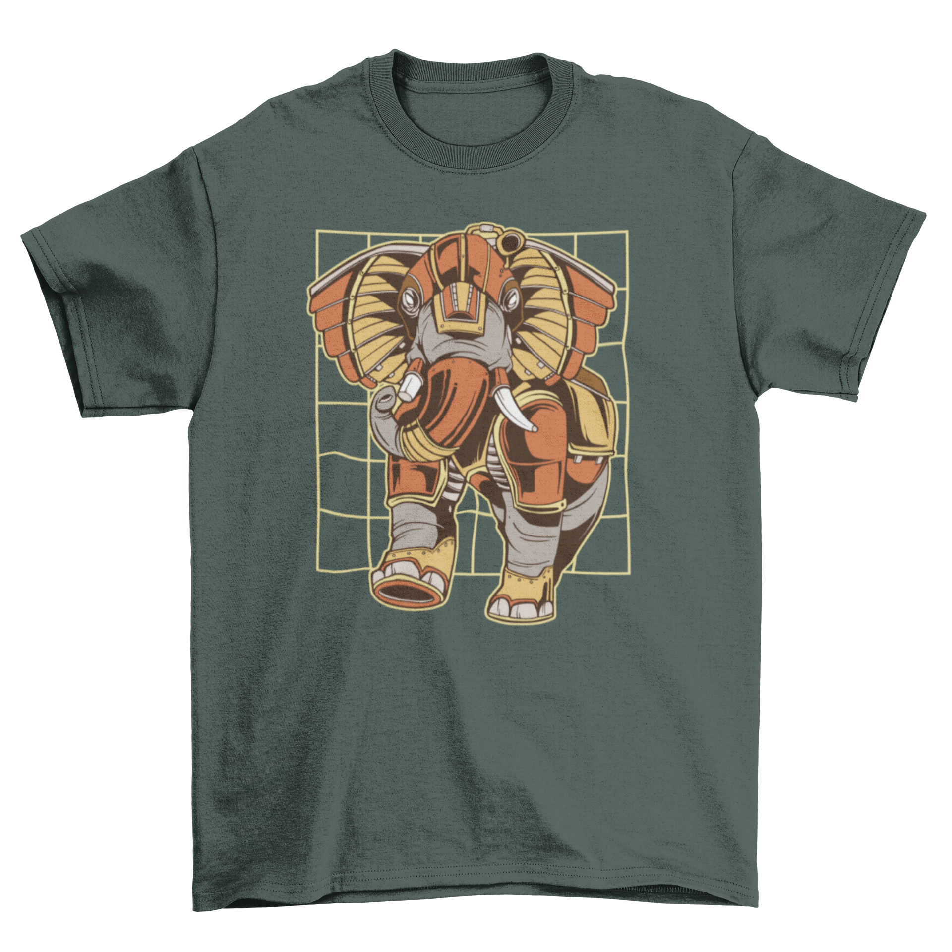 A stylish t-shirt featuring a detailed steampunk mechanical elephant design, perfect for casual wear.