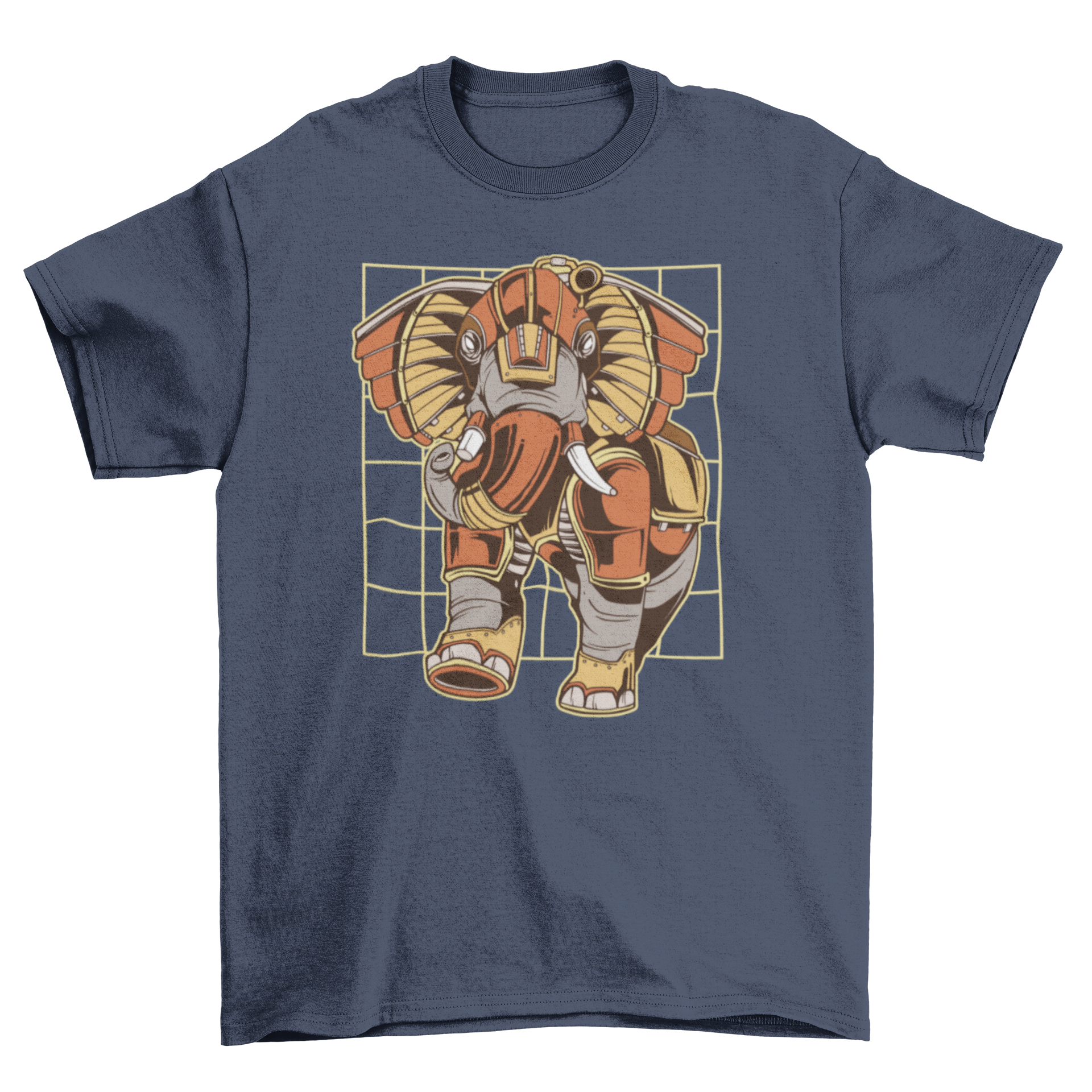 A stylish t-shirt featuring a detailed steampunk mechanical elephant design, perfect for casual wear.