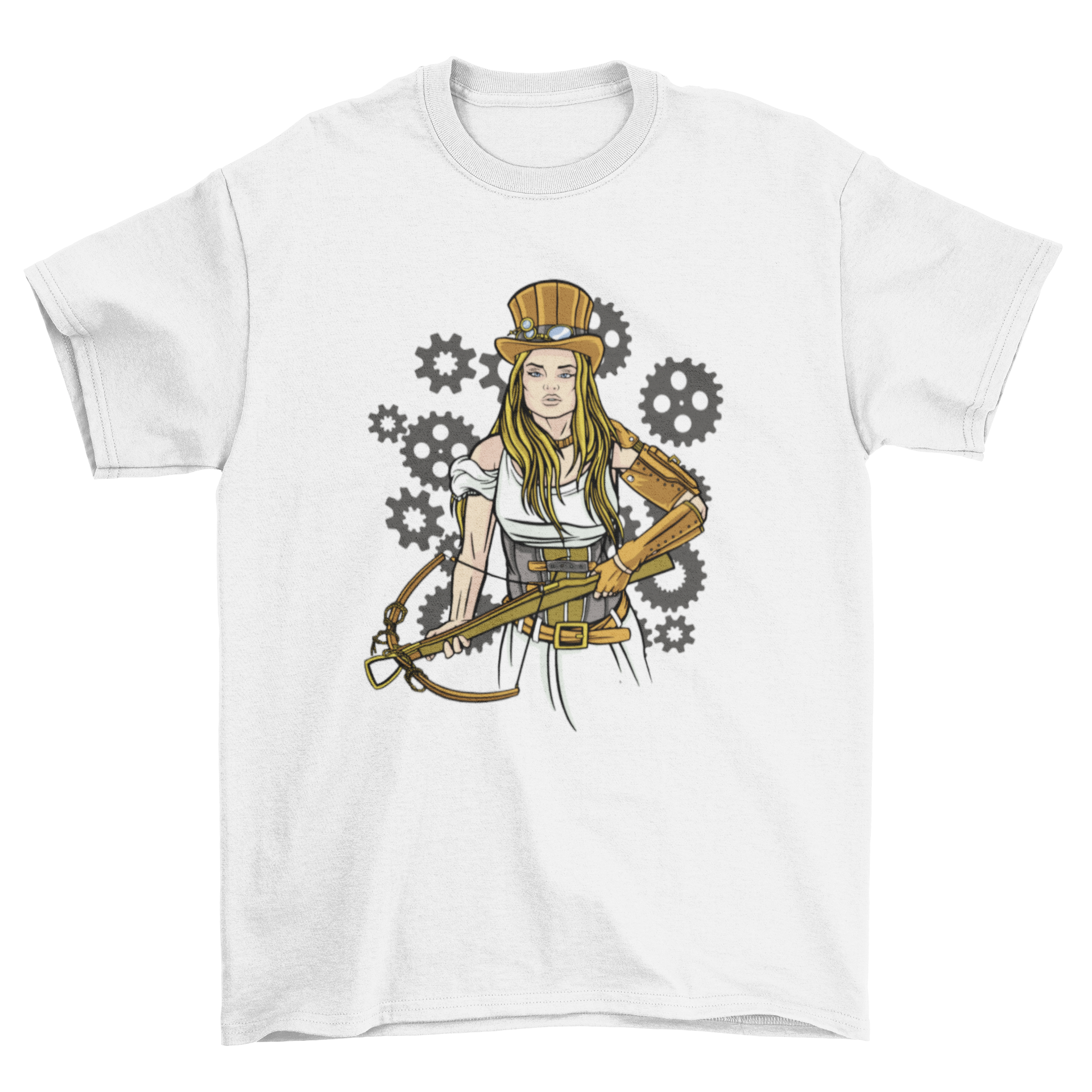 A stylish t-shirt featuring a steampunk girl holding a crossbow, showcasing intricate design elements.