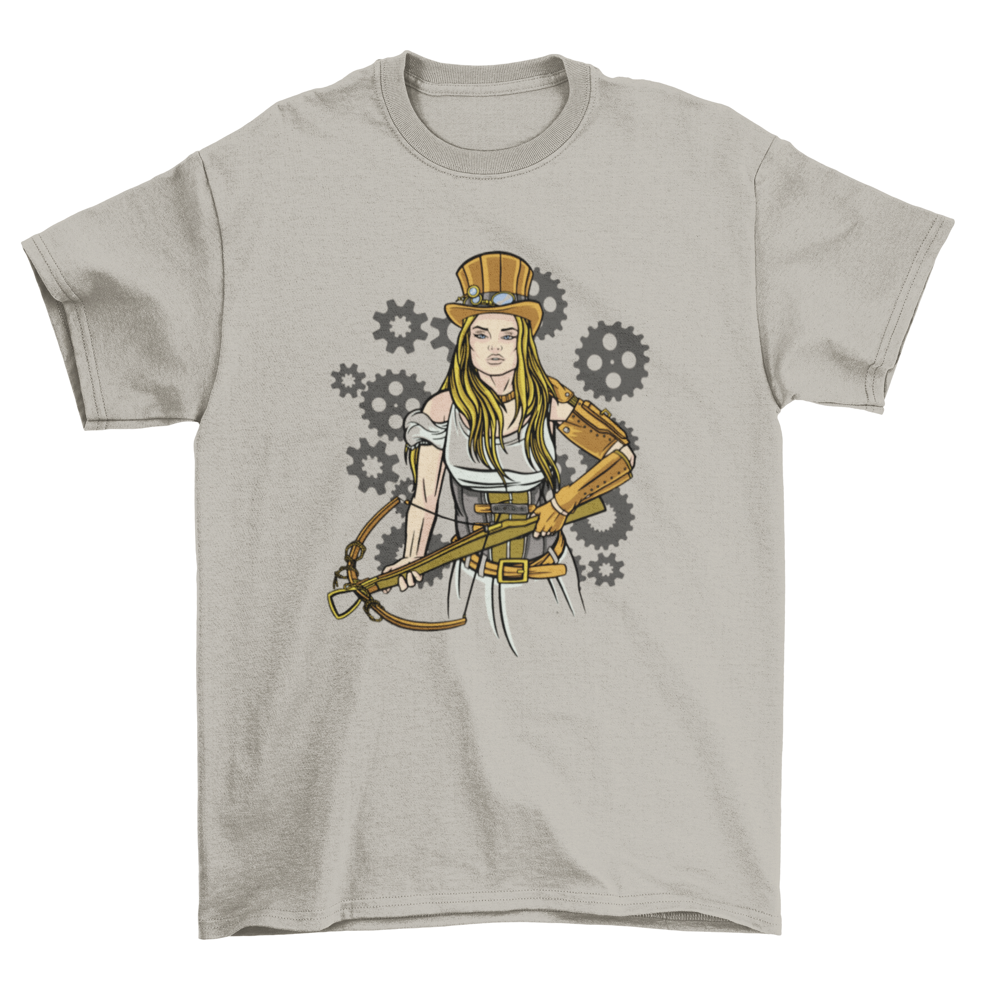 A stylish t-shirt featuring a steampunk girl holding a crossbow, showcasing intricate design elements.