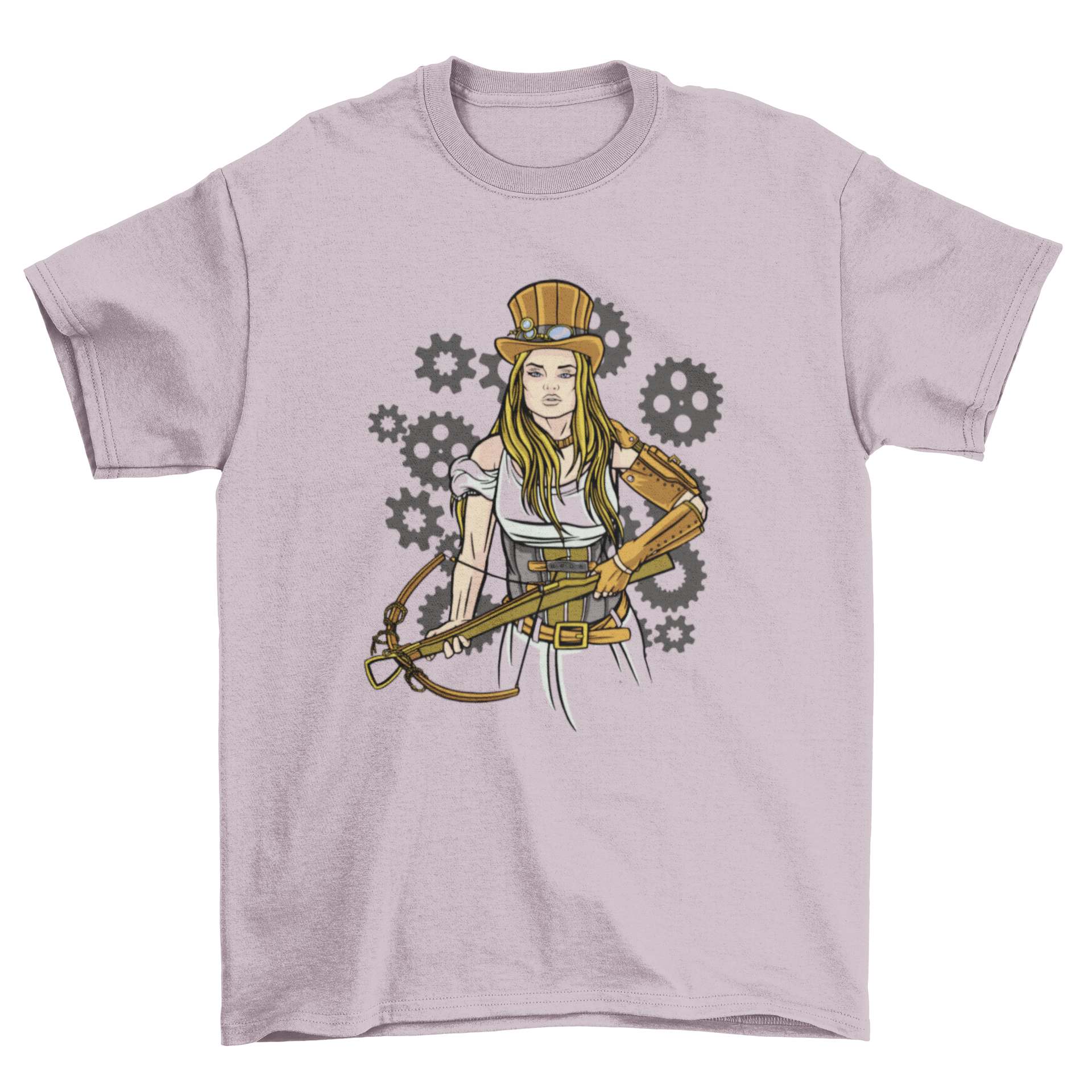 A stylish t-shirt featuring a steampunk girl holding a crossbow, showcasing intricate design elements.