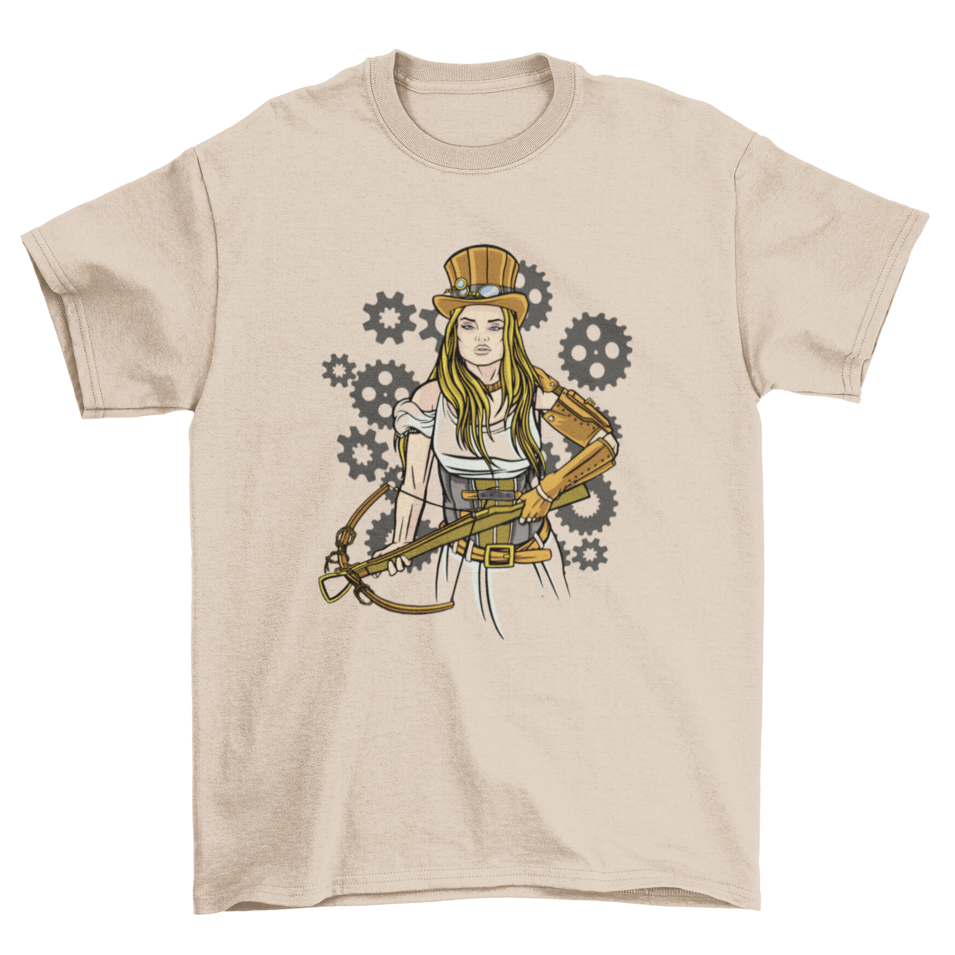 A stylish t-shirt featuring a steampunk girl holding a crossbow, showcasing intricate design elements.