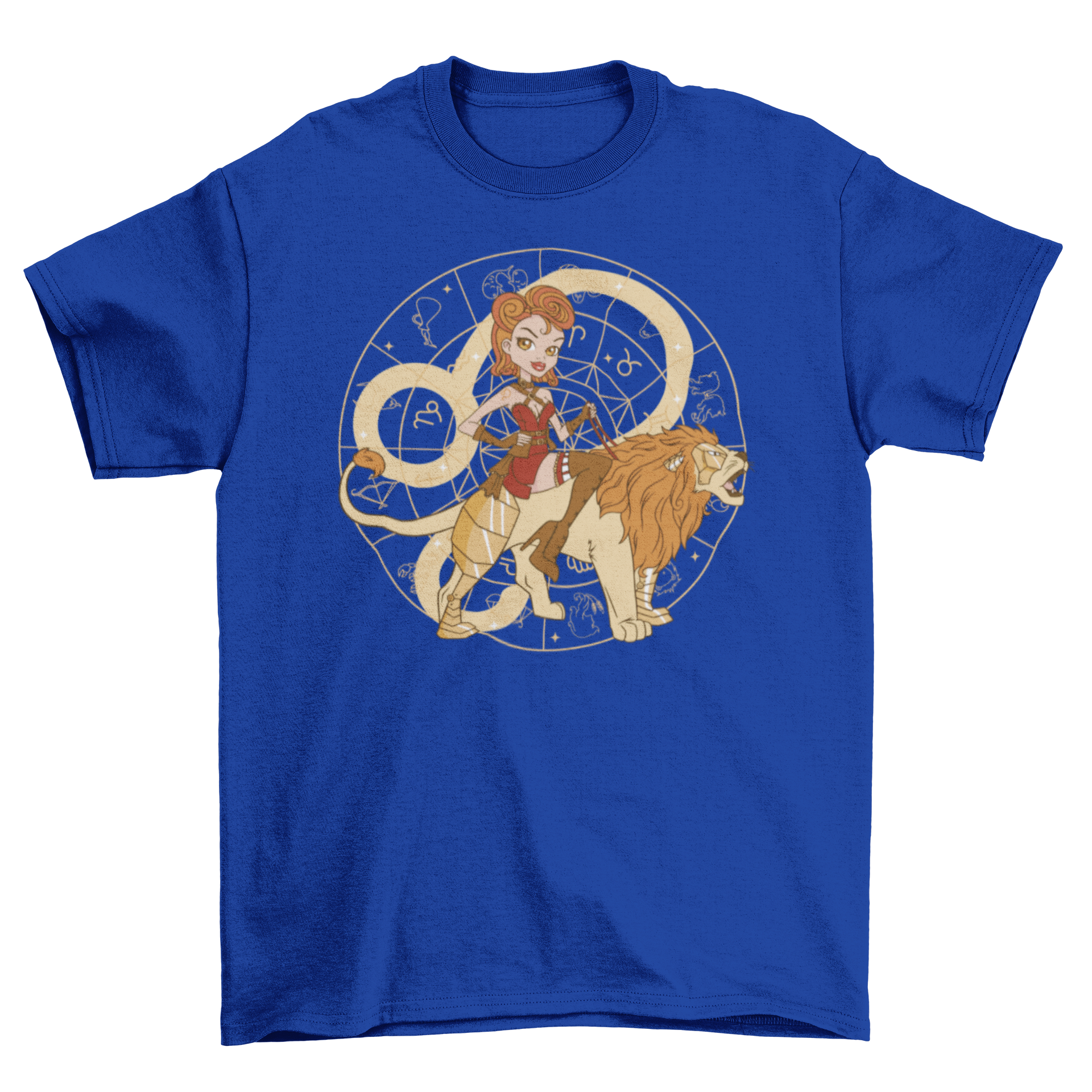 Steampunk Leo zodiac sign t-shirt featuring a pin-up girl riding a lion, showcasing a unique and artistic design.