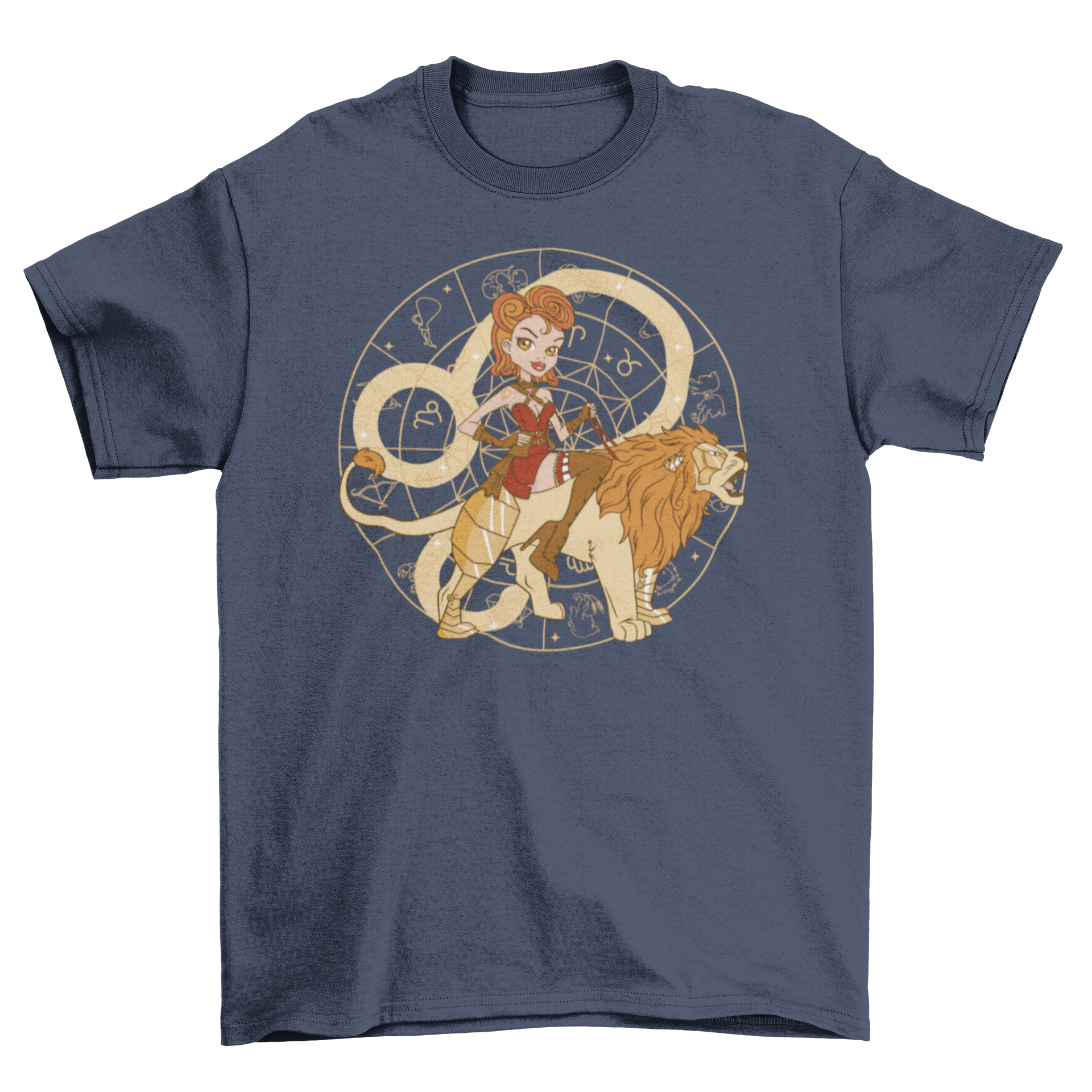 Steampunk Leo zodiac sign t-shirt featuring a pin-up girl riding a lion, showcasing a unique and artistic design.