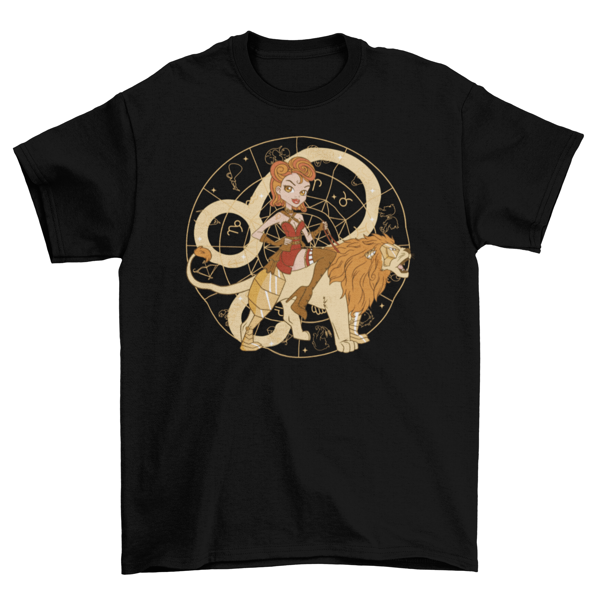 Steampunk Leo zodiac sign t-shirt featuring a pin-up girl riding a lion, showcasing a unique and artistic design.