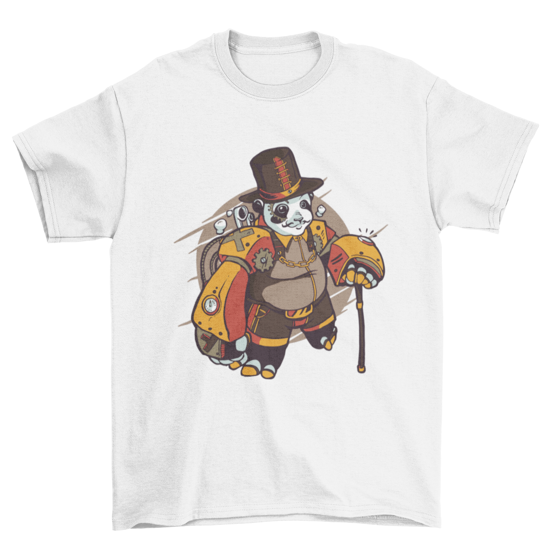 A stylish Steampunk panda t-shirt featuring a panda in a top hat and cane, adorned with gears and accessories.