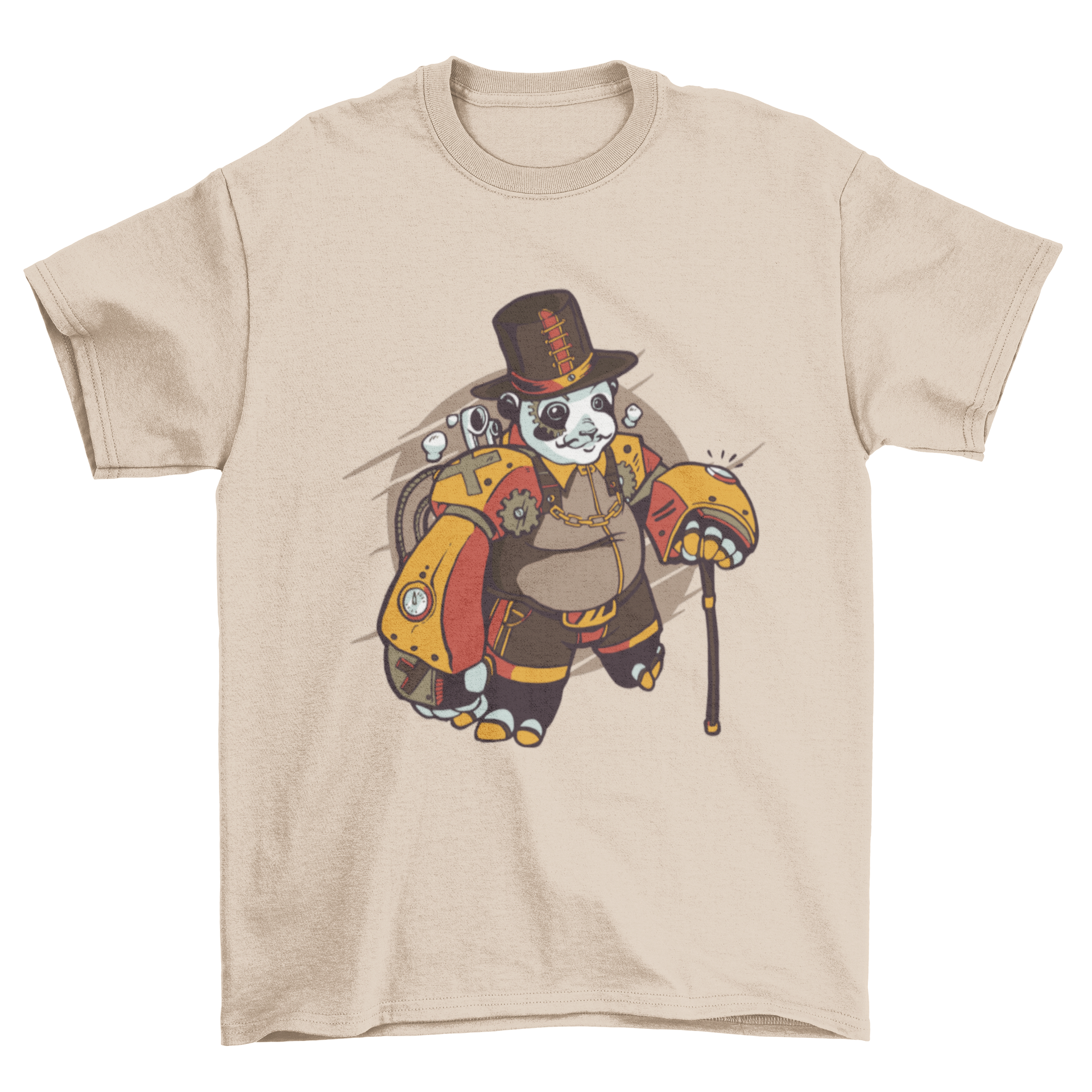 A stylish Steampunk panda t-shirt featuring a panda in a top hat and cane, adorned with gears and accessories.