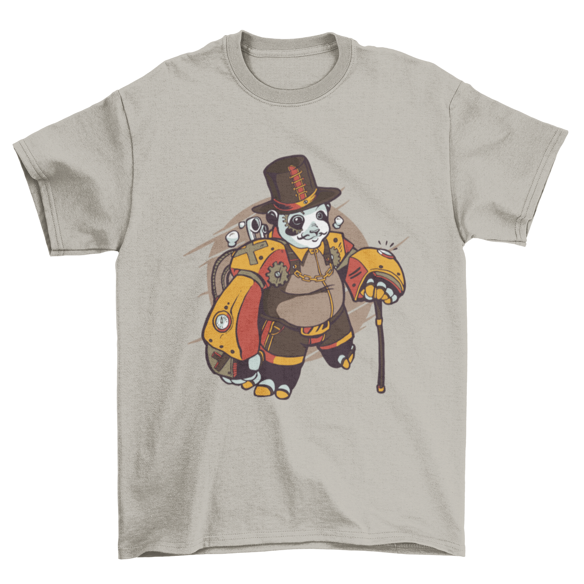 A stylish Steampunk panda t-shirt featuring a panda in a top hat and cane, adorned with gears and accessories.