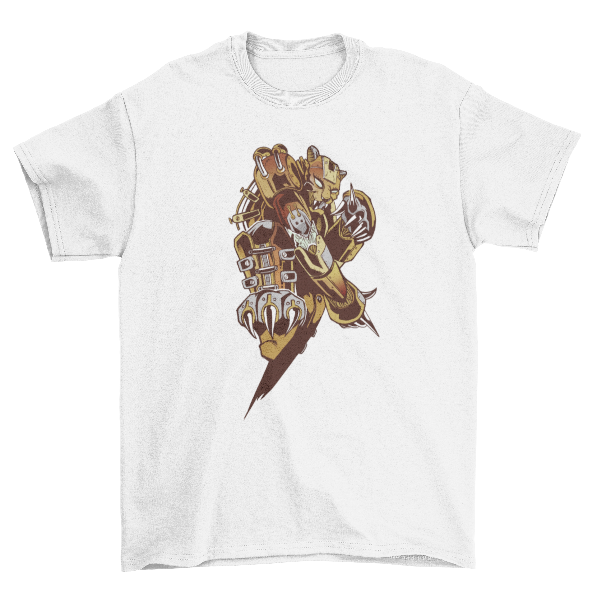 A stylish Steampunk Tiger T-shirt featuring a detailed robot tiger design in a dynamic pose, perfect for steampunk enthusiasts.