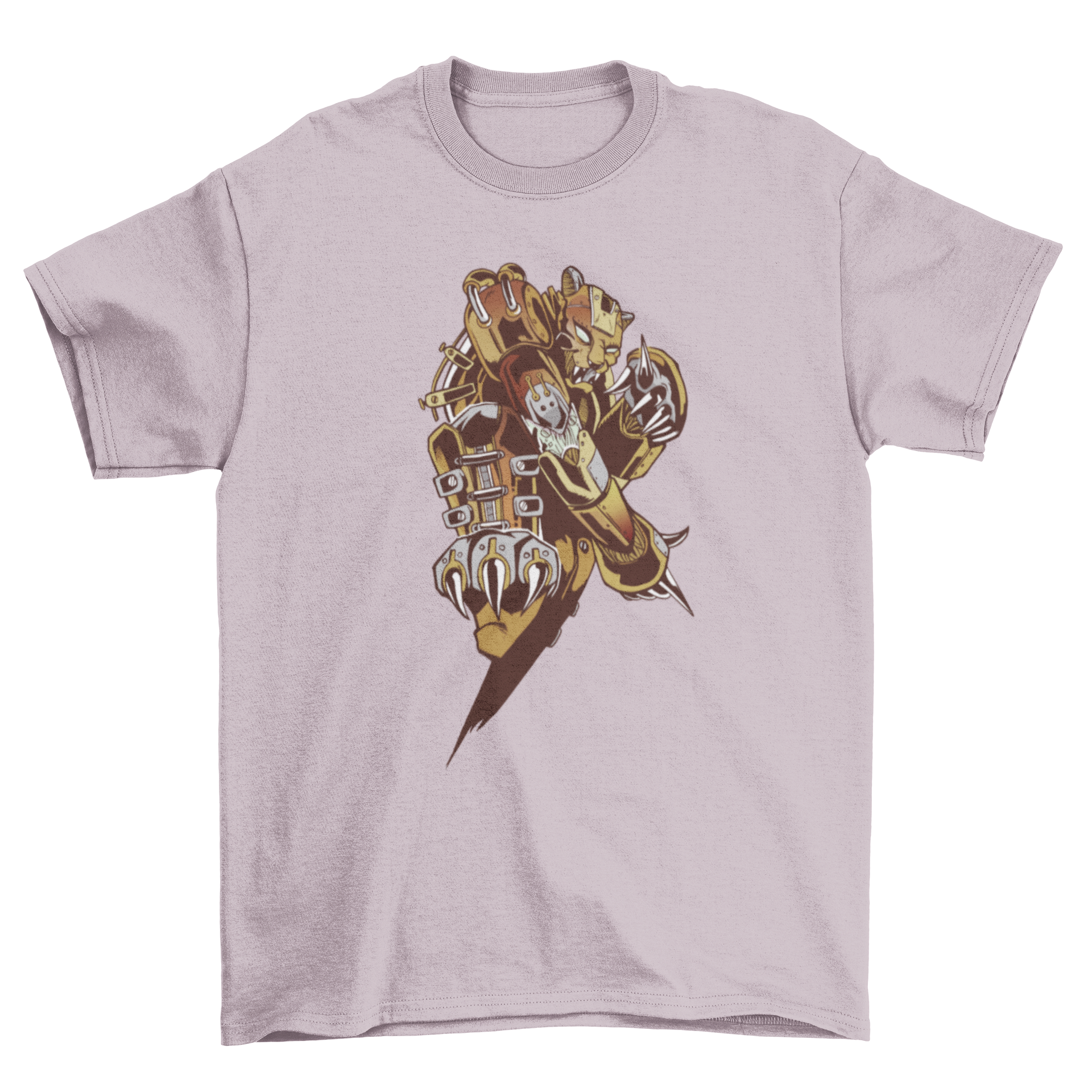 A stylish Steampunk Tiger T-shirt featuring a detailed robot tiger design in a dynamic pose, perfect for steampunk enthusiasts.