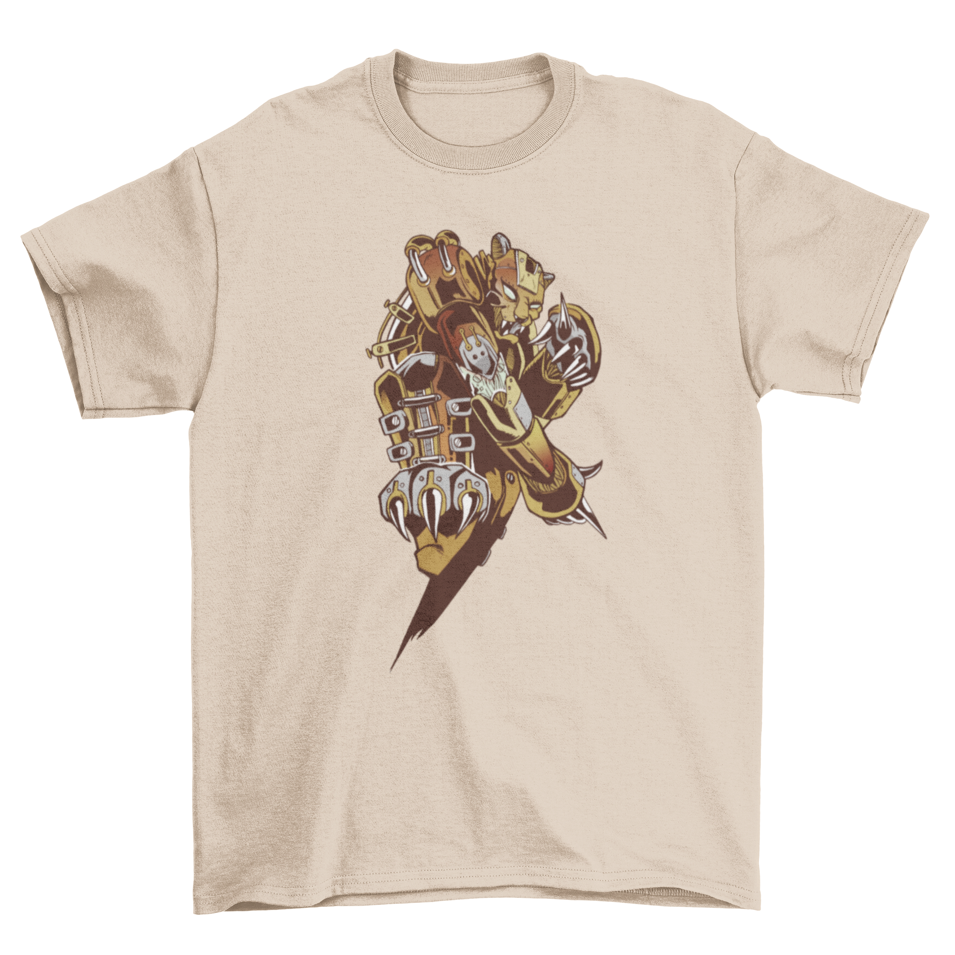 A stylish Steampunk Tiger T-shirt featuring a detailed robot tiger design in a dynamic pose, perfect for steampunk enthusiasts.