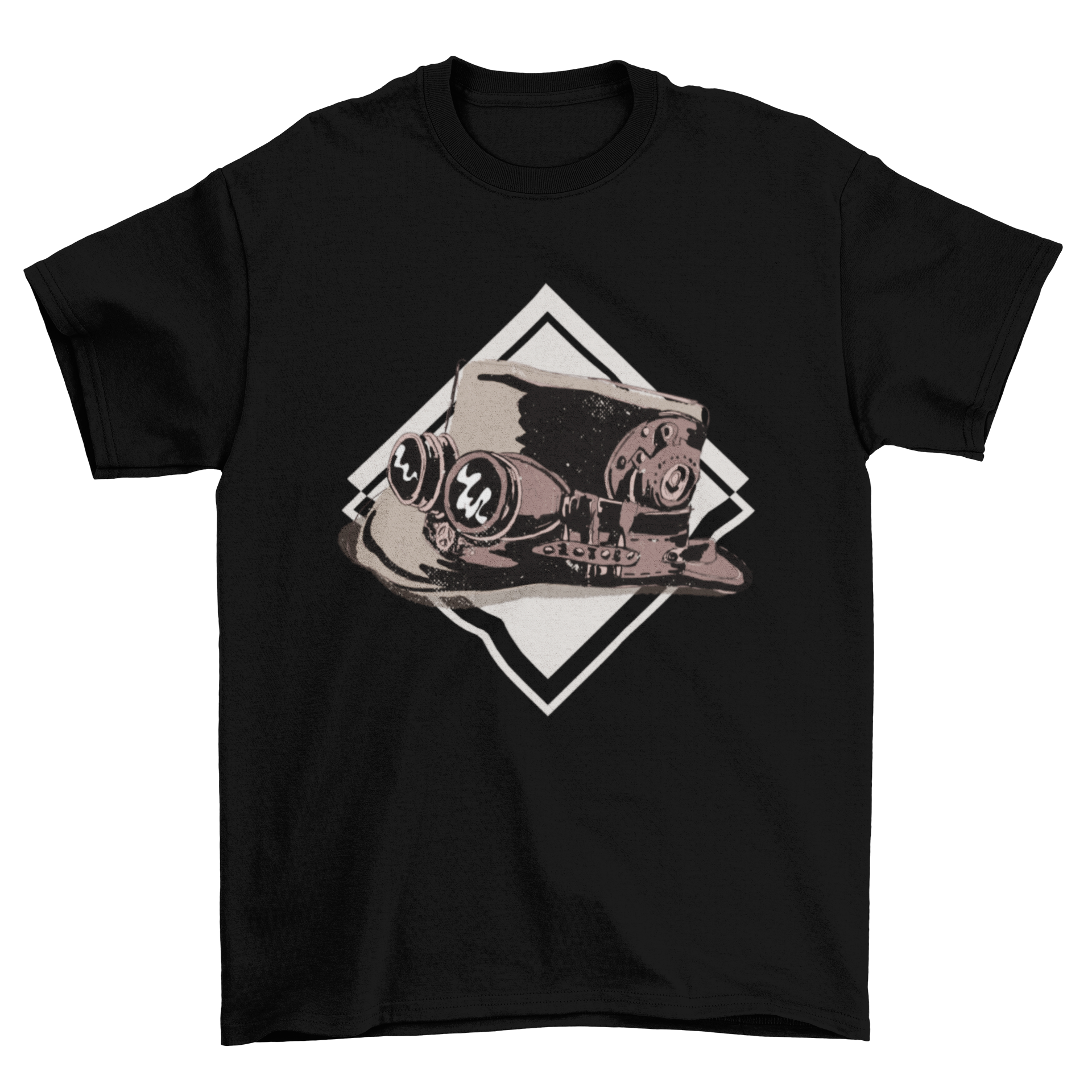 A stylish t-shirt featuring a detailed illustration of a steampunk top hat, showcasing vintage and modern design elements.