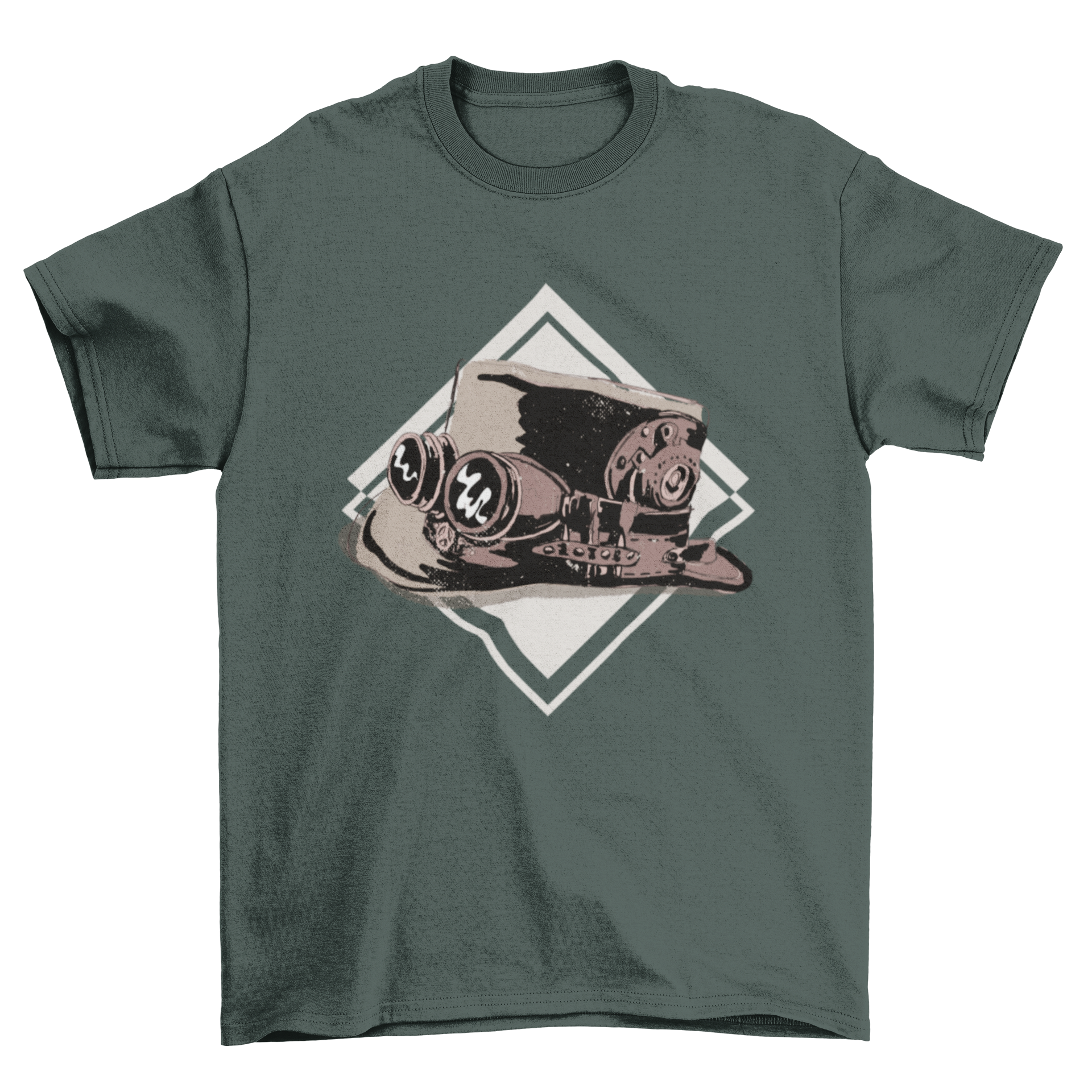 A stylish t-shirt featuring a detailed illustration of a steampunk top hat, showcasing vintage and modern design elements.