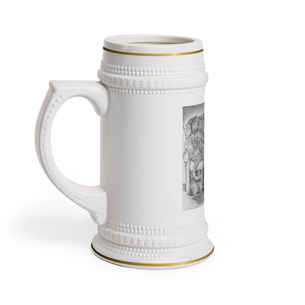 A stylish white ceramic Stein Mug with ribbed outlines, perfect for custom designs and durable for everyday use.