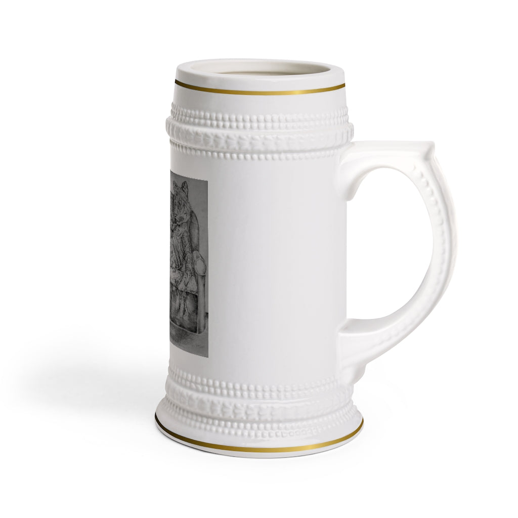 A stylish white ceramic Stein Mug with ribbed outlines, perfect for custom designs and durable for everyday use.