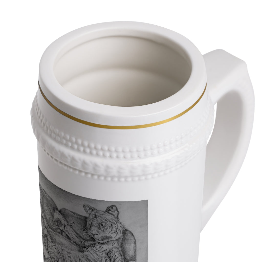 A stylish white ceramic Stein Mug with ribbed outlines, perfect for custom designs and durable for everyday use.