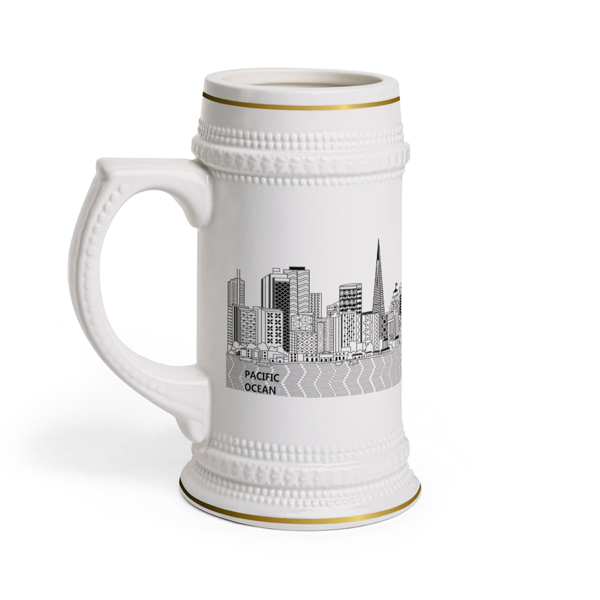 A stylish white ceramic Stein Mug with ribbed outlines, showcasing its elegant design and durable construction.