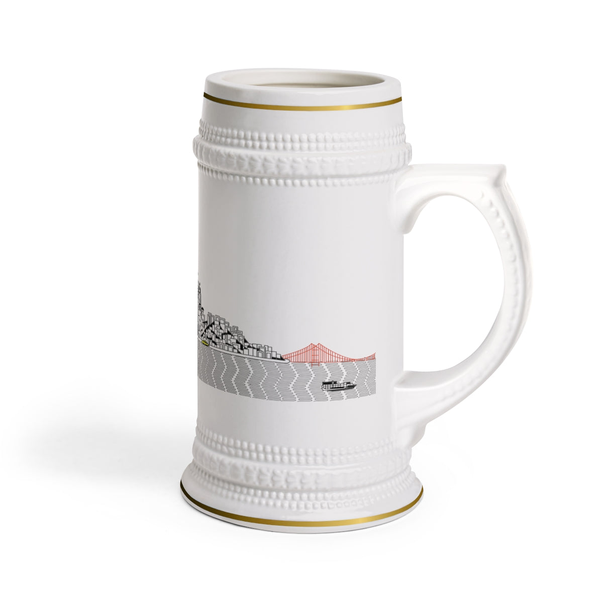 A stylish white ceramic Stein Mug with ribbed outlines, showcasing its elegant design and durable construction.