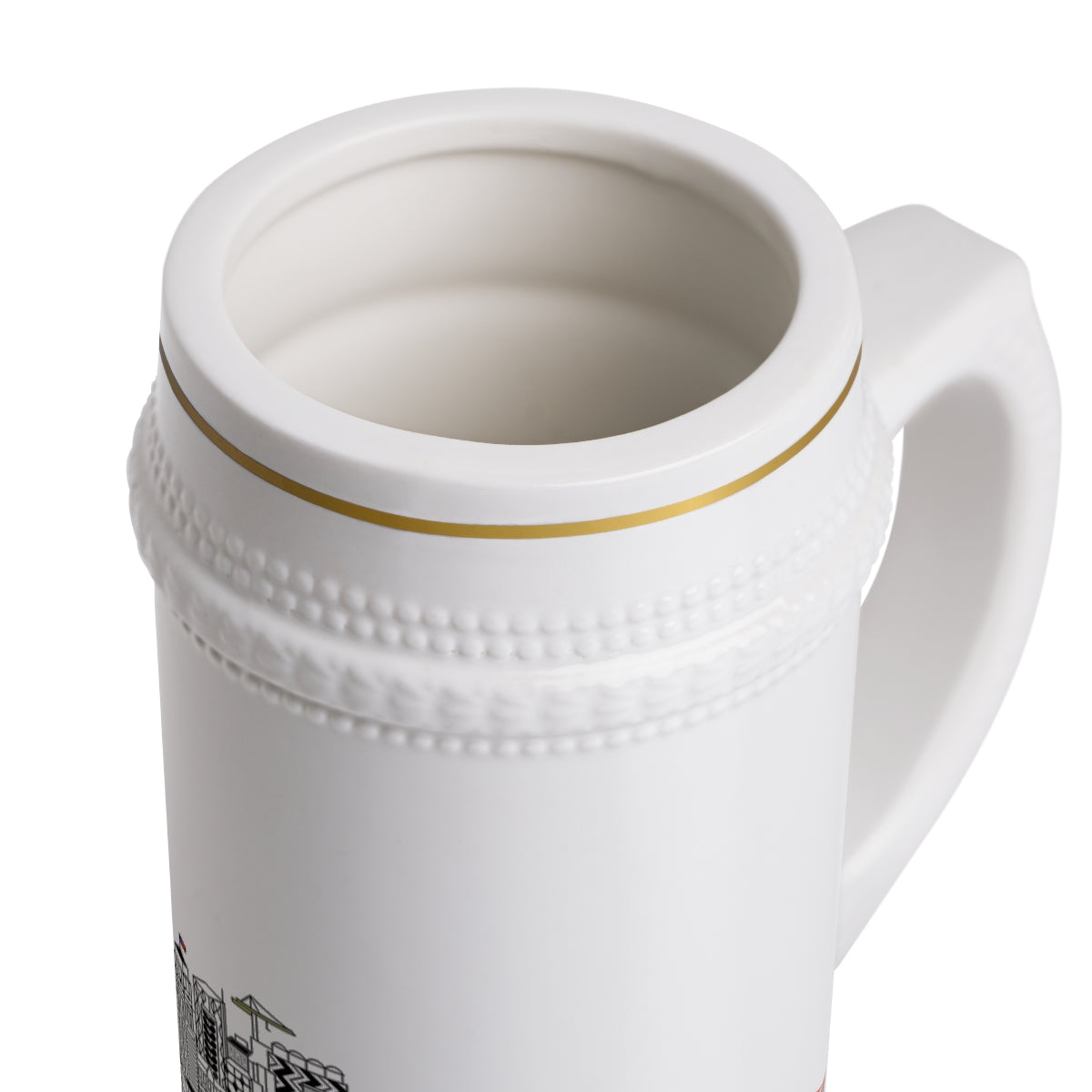 A stylish white ceramic Stein Mug with ribbed outlines, showcasing its elegant design and durable construction.