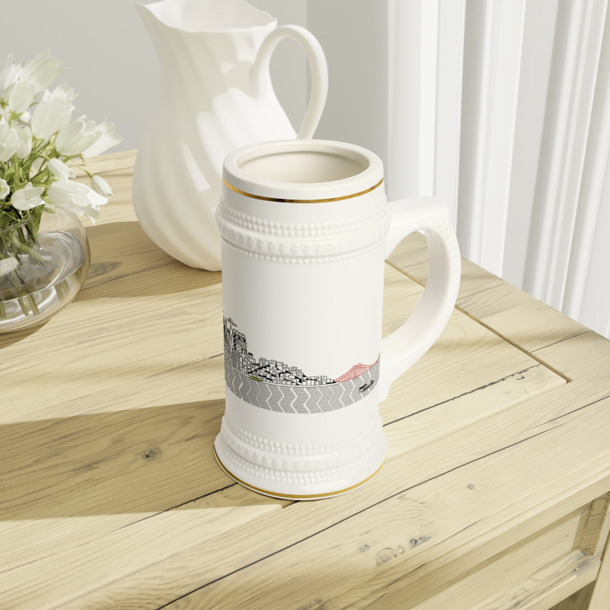 A stylish white ceramic Stein Mug with ribbed outlines, showcasing its elegant design and durable construction.