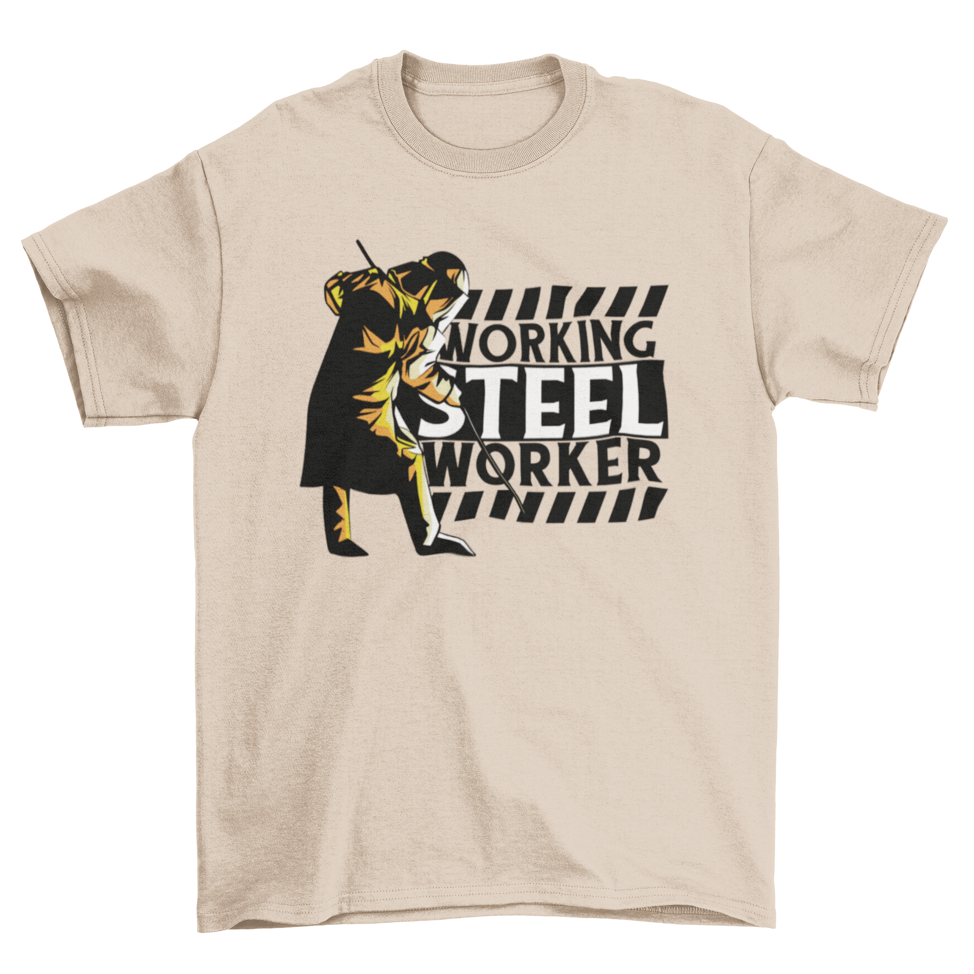 A stylish t-shirt featuring an illustration of a steel worker with the caption 'Working Steel Worker', showcasing dedication and pride in the steel industry.