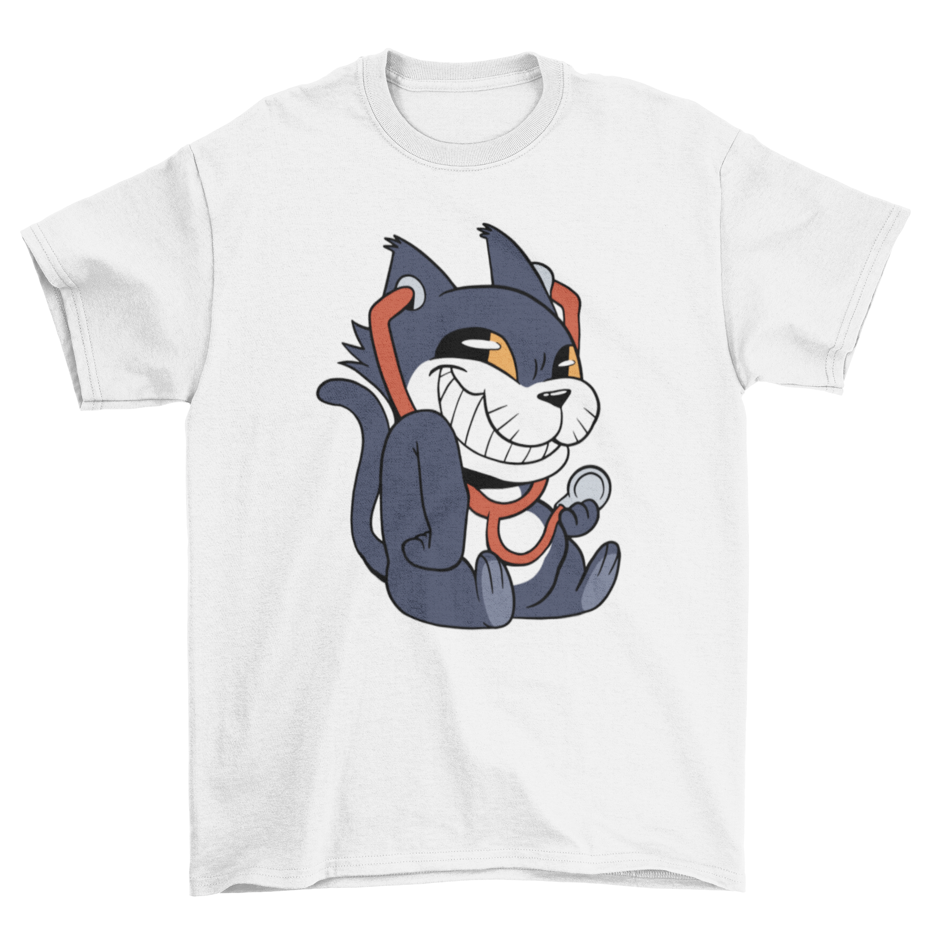 A playful cat wearing a stethoscope, featured on a stylish t-shirt design.