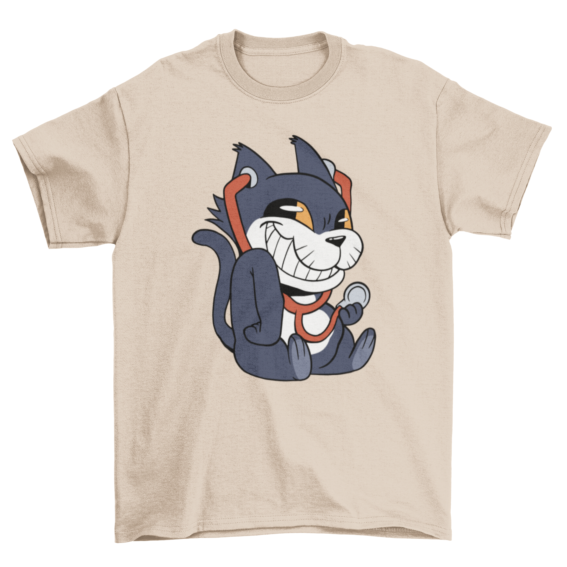 A playful cat wearing a stethoscope, featured on a stylish t-shirt design.