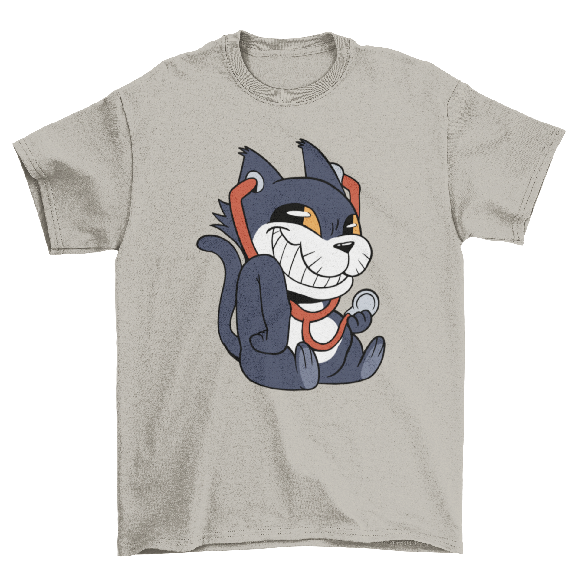 A playful cat wearing a stethoscope, featured on a stylish t-shirt design.