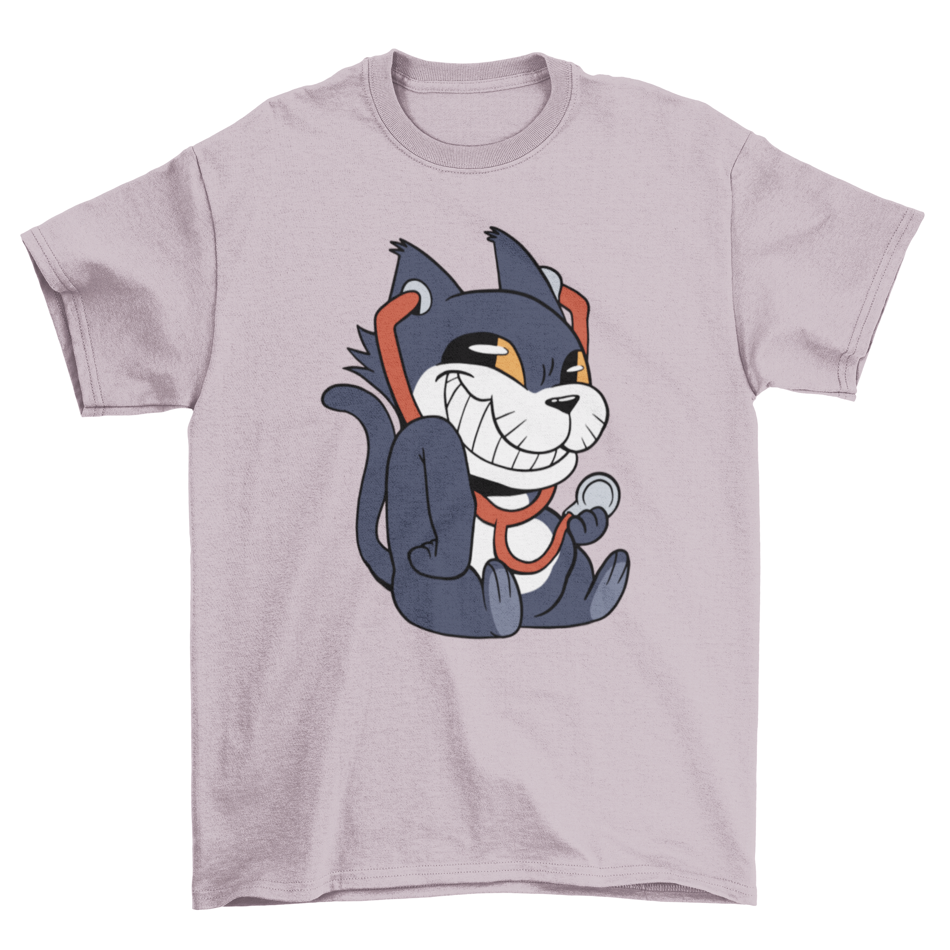 A playful cat wearing a stethoscope, featured on a stylish t-shirt design.