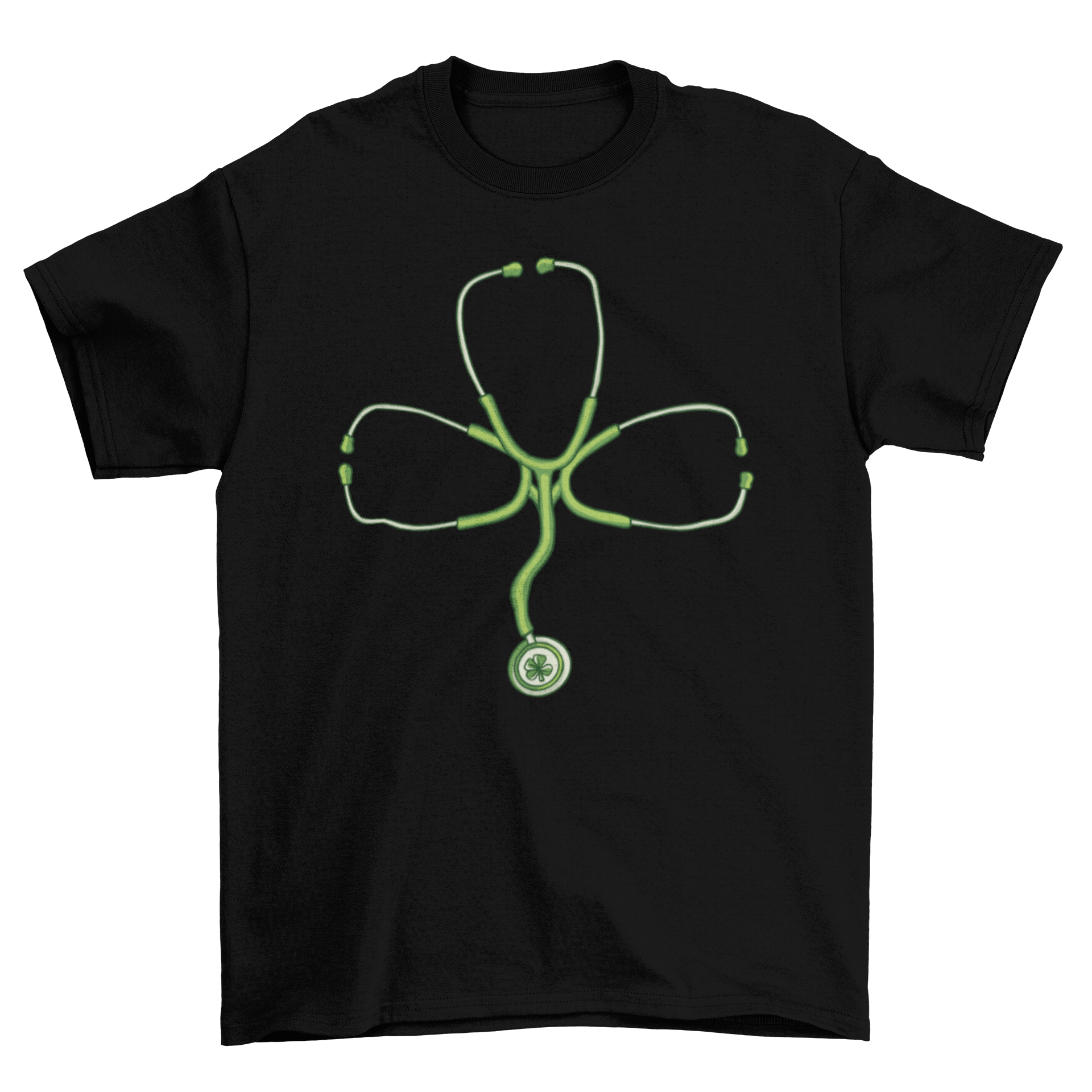 A stylish t-shirt featuring a stethoscope designed in the shape of a clover, perfect for healthcare professionals.