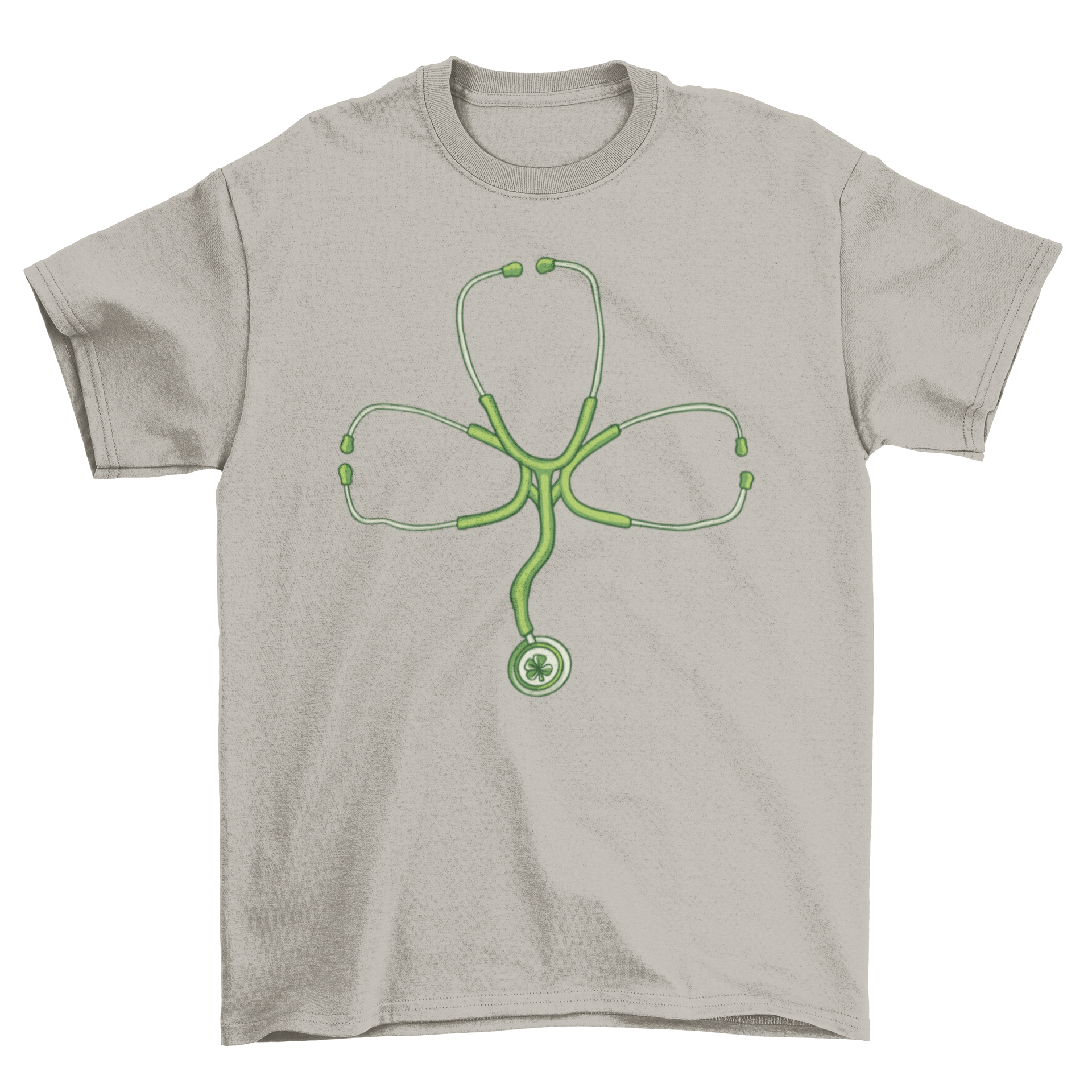 A stylish t-shirt featuring a stethoscope designed in the shape of a clover, perfect for healthcare professionals.